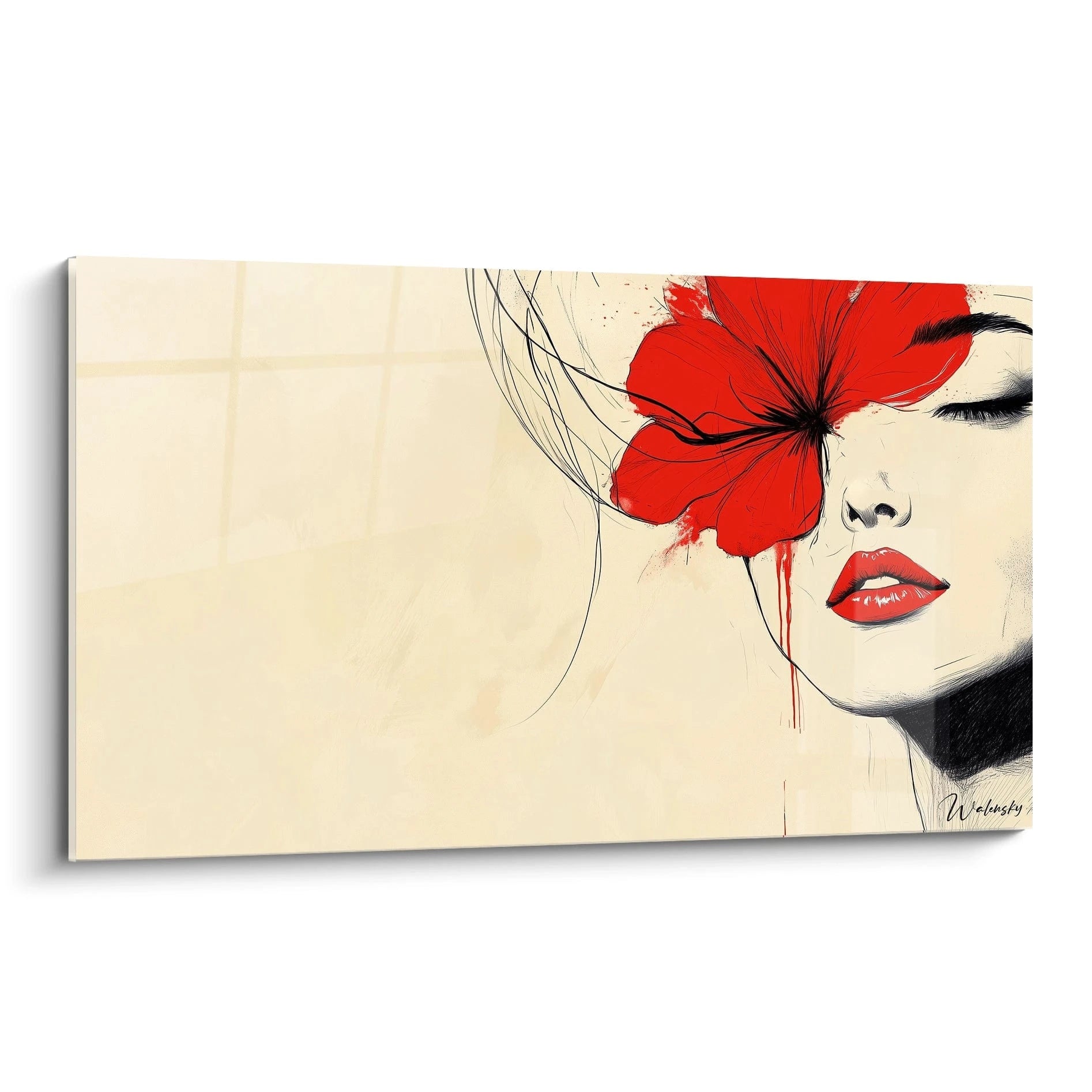 Un tableau visage abstrait représentant un profil féminin partiellement esquissé avec une fleur rouge éclatante intégrée à la composition. Les teintes dominantes sont le rouge vif, le beige clair et le noir, avec des lignes fines et des éclaboussures dynamiques.