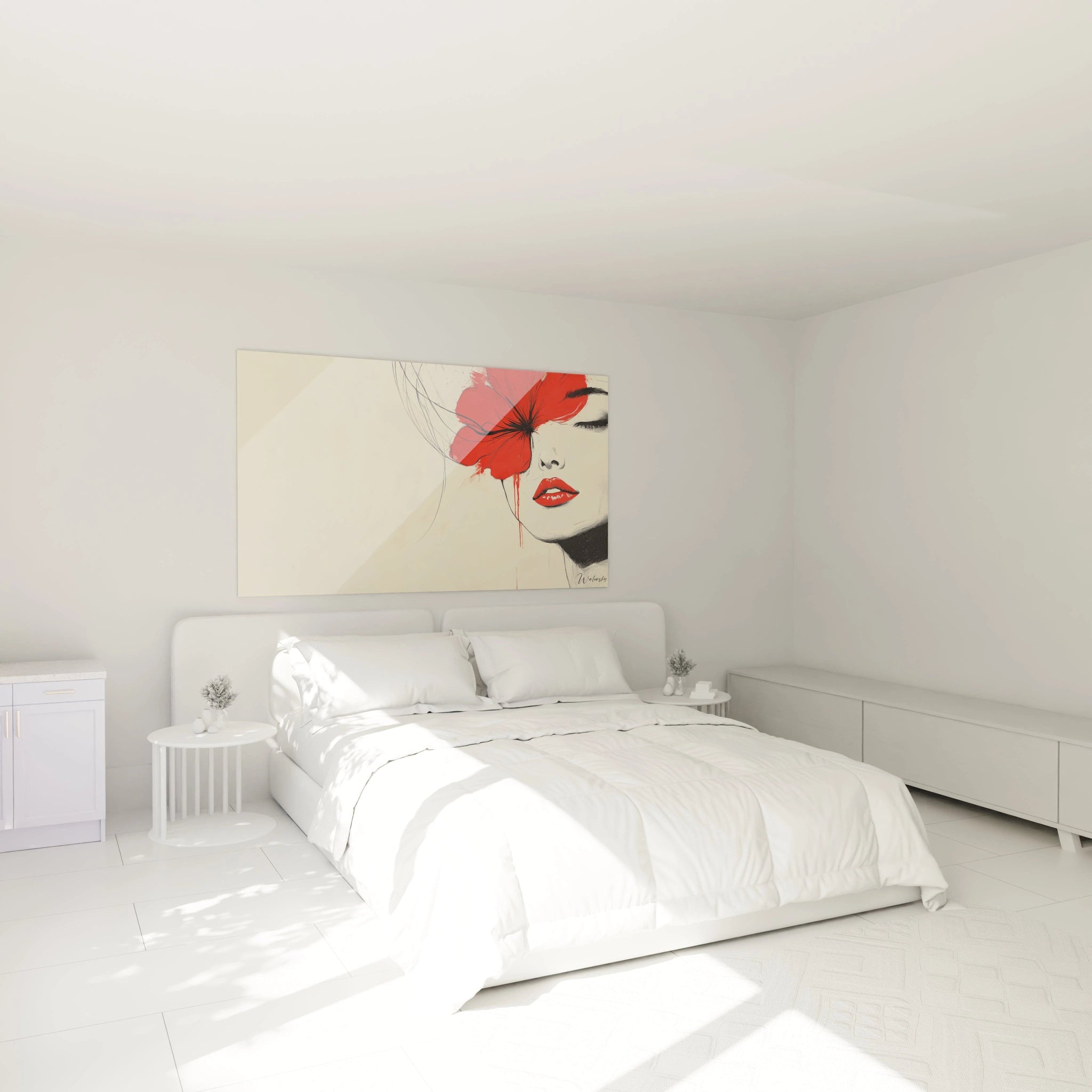 Un tableau visage abstrait minimaliste montrant un visage féminin aux traits délicats, orné d'une large fleur rouge qui fusionne avec la tempe. Les lèvres rouges éclatantes contrastent avec le fond beige pâle et les lignes noires précises du dessin.