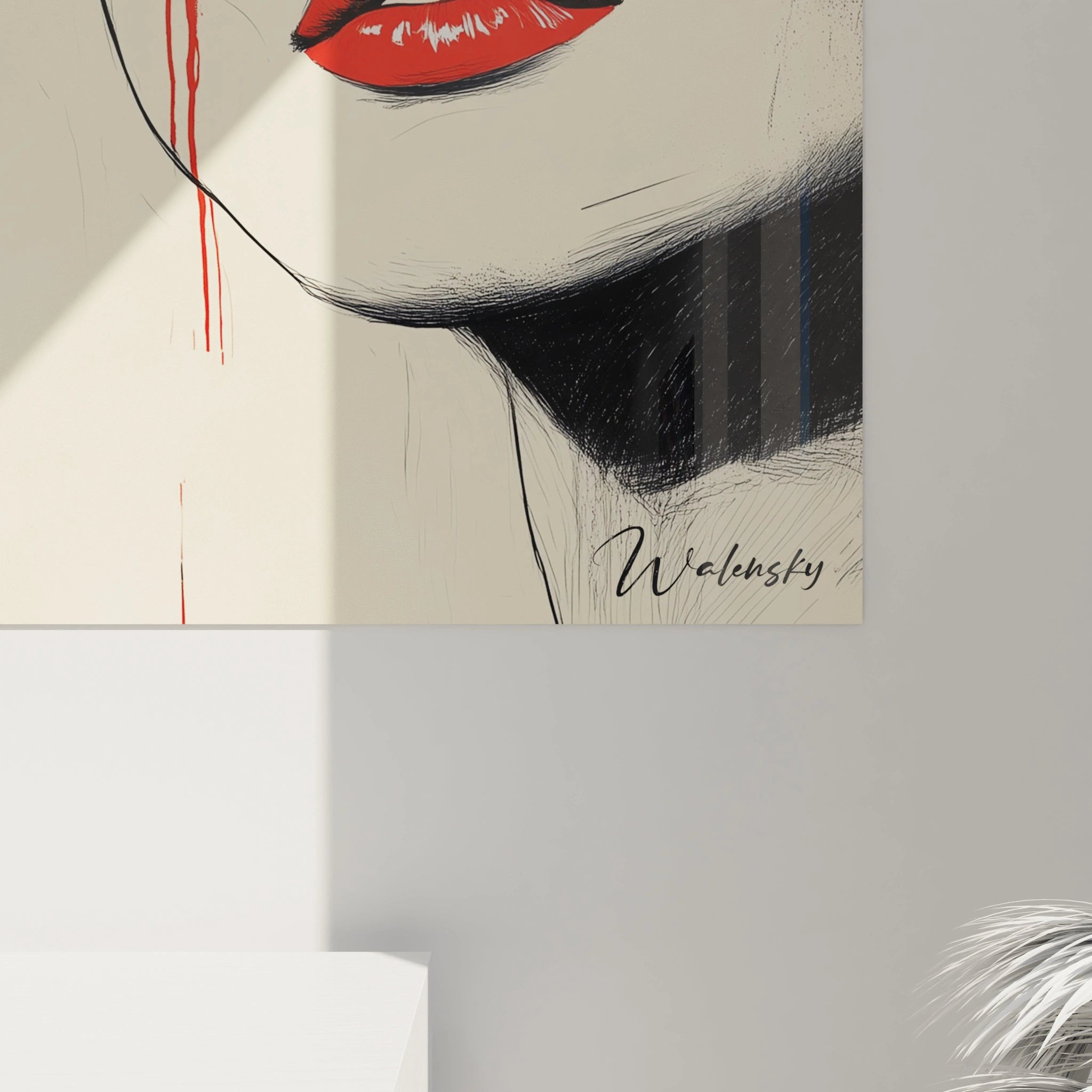 Un tableau visage abstrait contemporain caractérisé par un profil féminin aux lèvres rouges éclatantes et une fleur rouge dynamique qui s'intègre à la composition. Les lignes noires fines sur fond beige créent une œuvre où plénitude et vide s'équilibrent parfaitement.