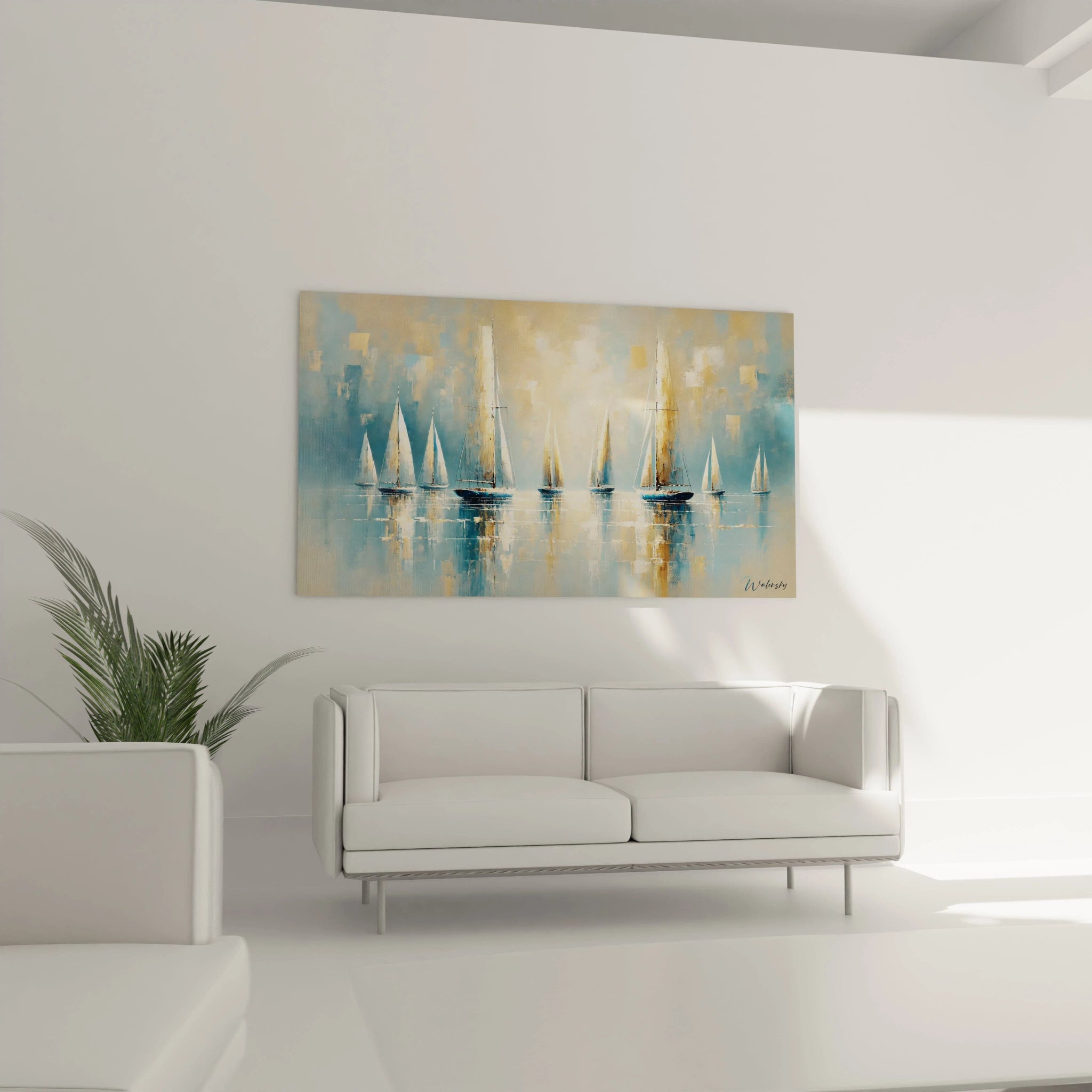 Tableau voiliers sur mer placide, accroché au-dessus du canapé. Évoque calme et élégance avec des tons clairs, idéal pour un salon raffiné et reposant.