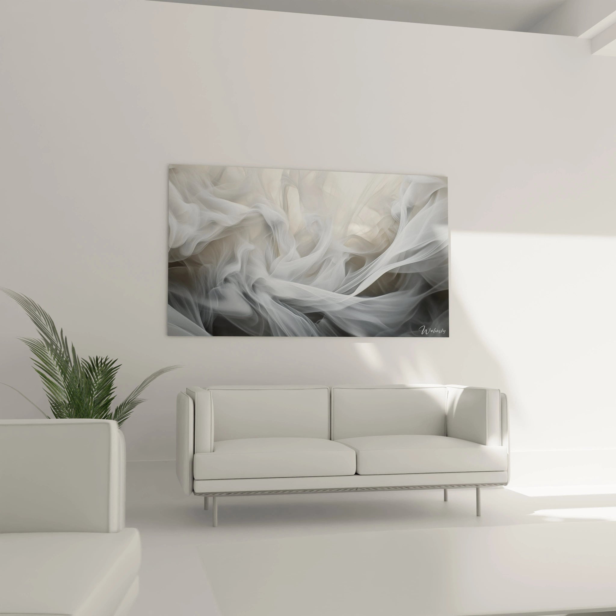 Un tableau texturé abstrait aux textures fines et délicates, avec des teintes blanches et grises qui s'entrelacent pour évoquer un mouvement fluide et dynamique dans l'espace.