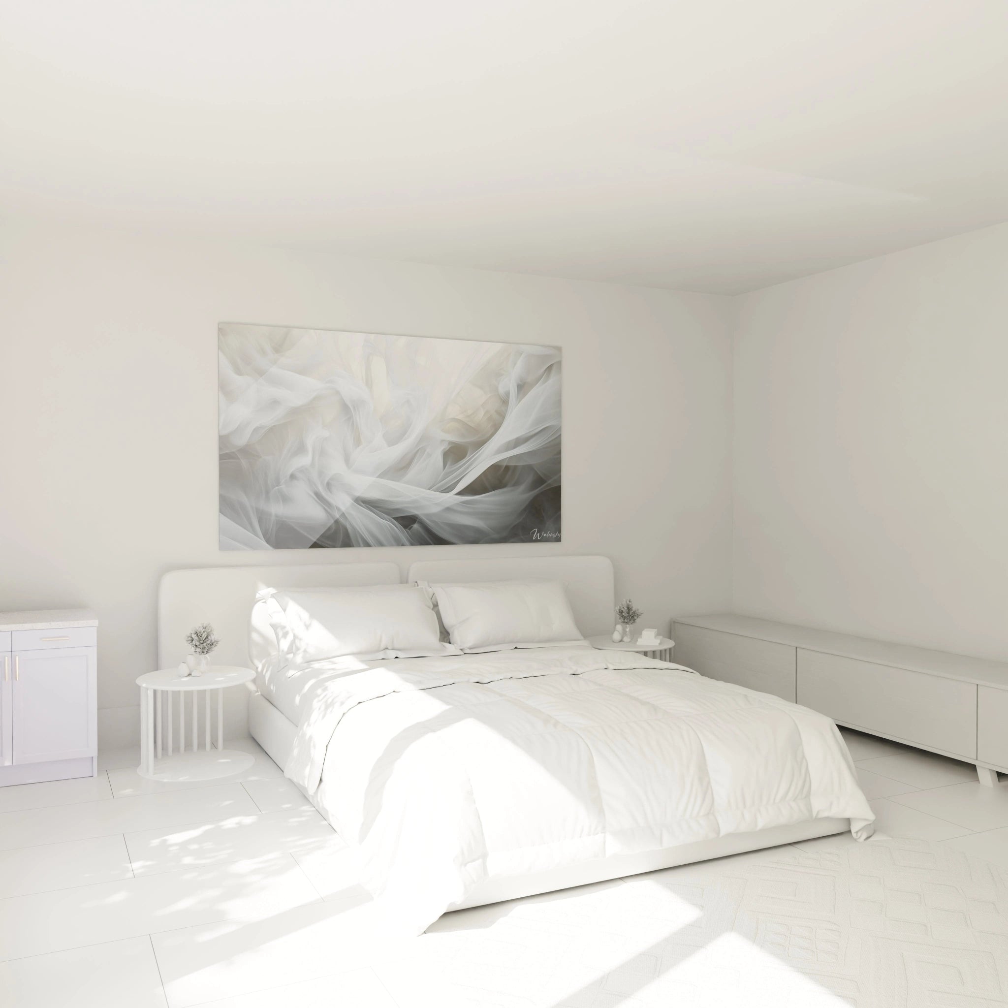 Ce tableau texturé abstrait présente des lignes ondulées et des motifs superposés en tons de blanc, créant une ambiance légère et aérienne grâce à des textures fines et détaillées.