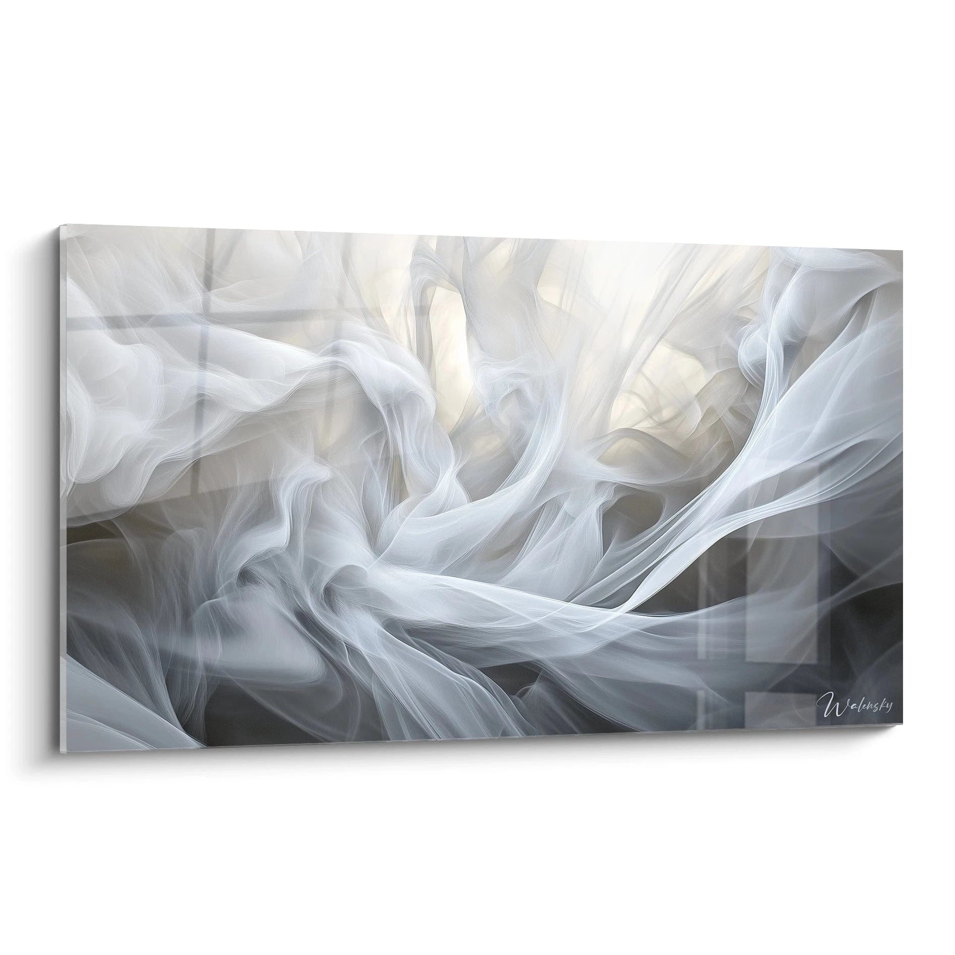 Un tableau texturé abstrait où des formes douces se croisent en nuances de blanc et gris. Les textures riches ajoutent de la profondeur et une sensation de mouvement fluide dans l'œuvre.