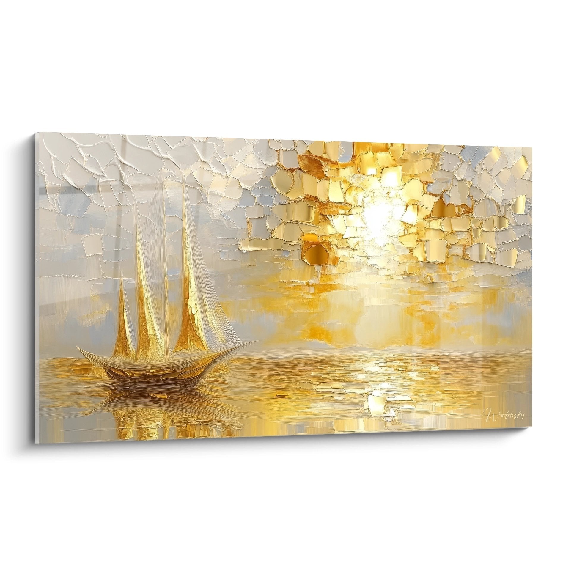Tableau mural voilier coucher de soleil doré sur océan, art abstrait moderne avec effets de relief