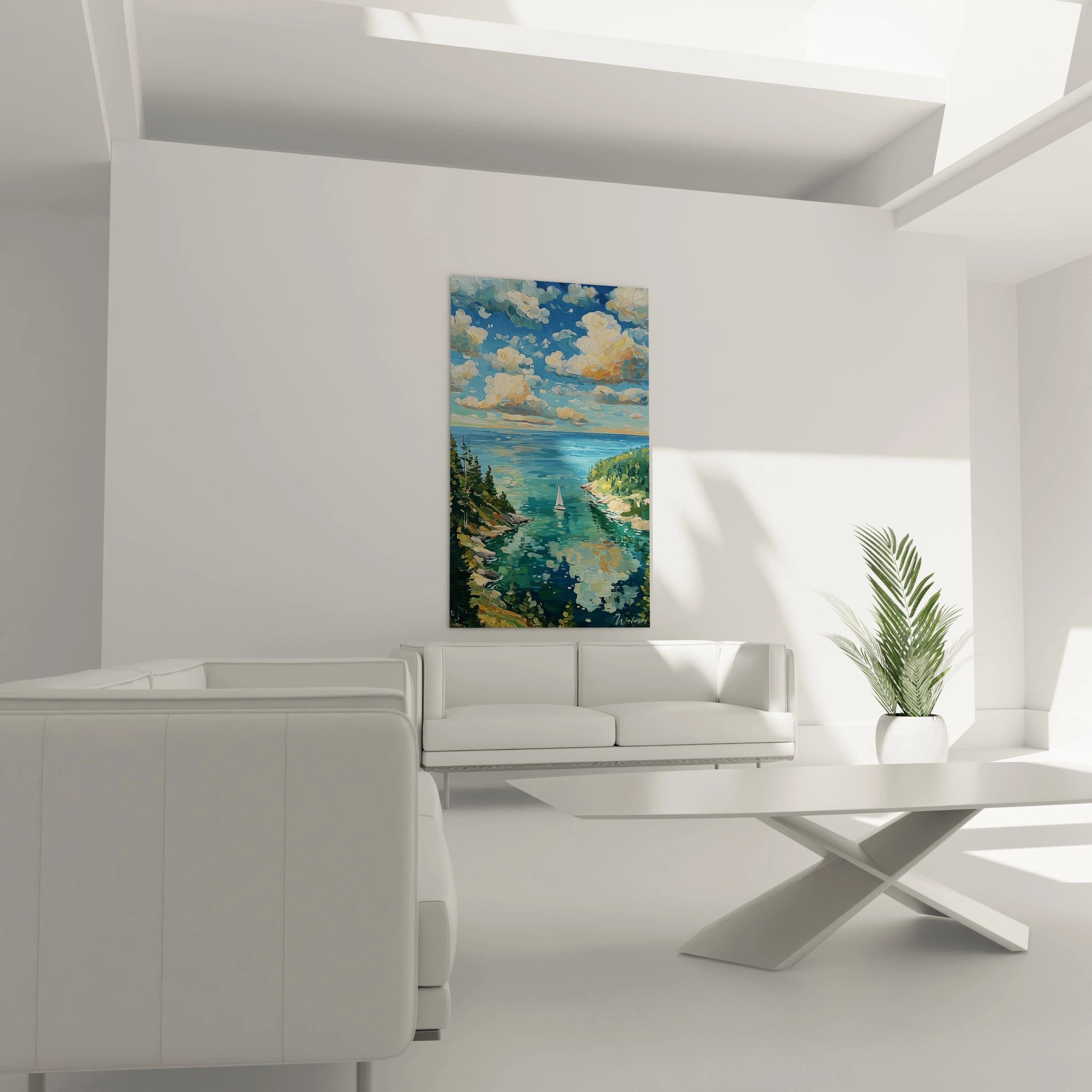 Walensky tableau voilier lumière estivale mural vertical montrant voilier sur eau turquoise et ciel lumineux pour salon