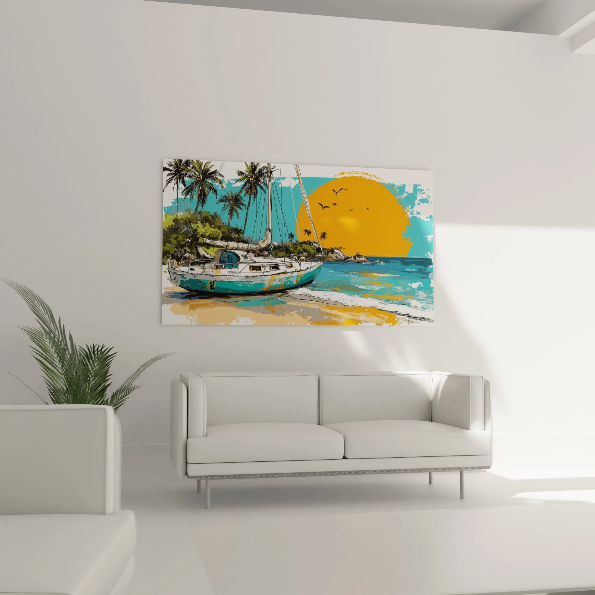 tableau voilier décoration murale Walensky représentant un voilier sur plage tropicale au coucher de soleil