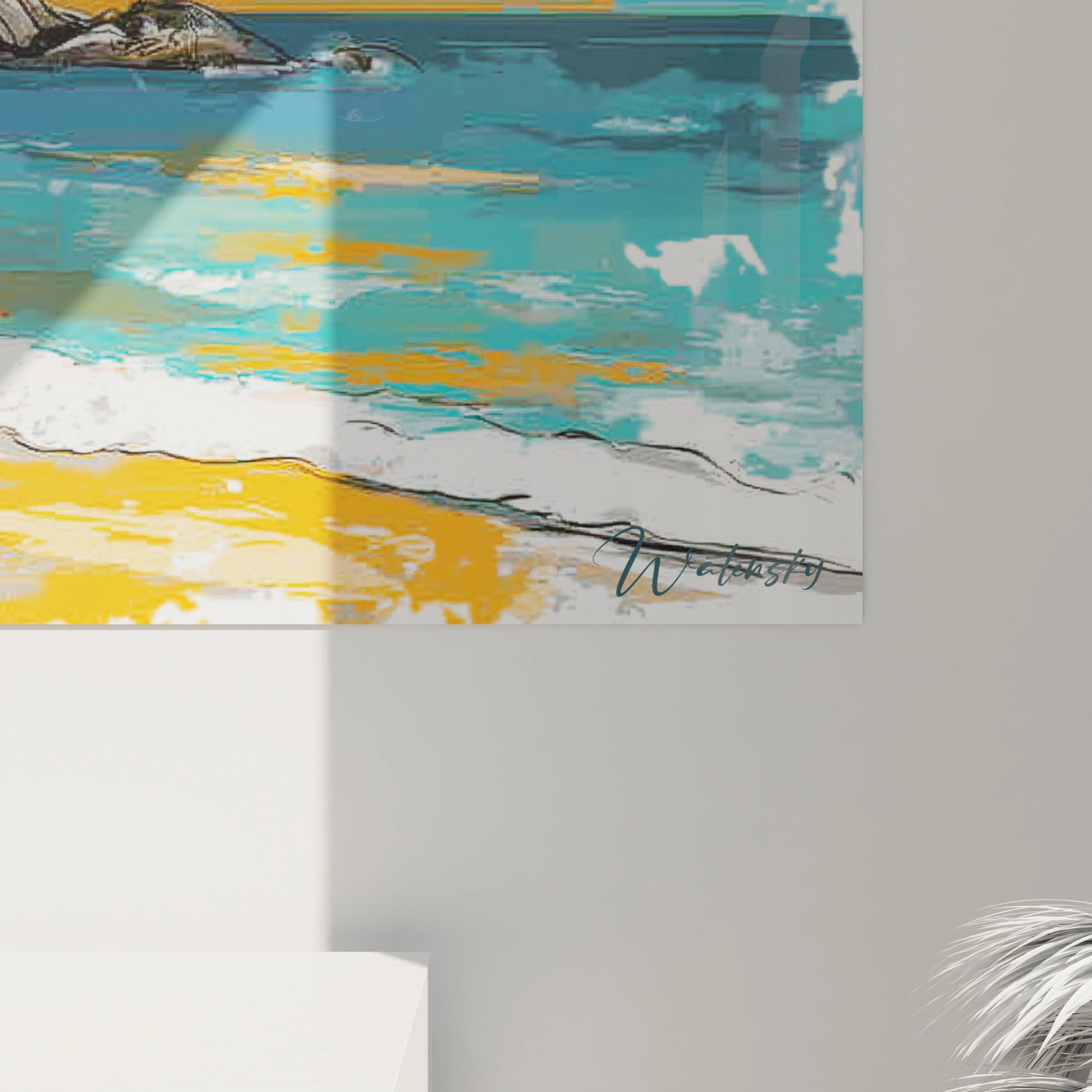 Walensky tableau mural peinture seascape abstraite plage jaune eaux turquoises voilier tableau voilier décoration murale