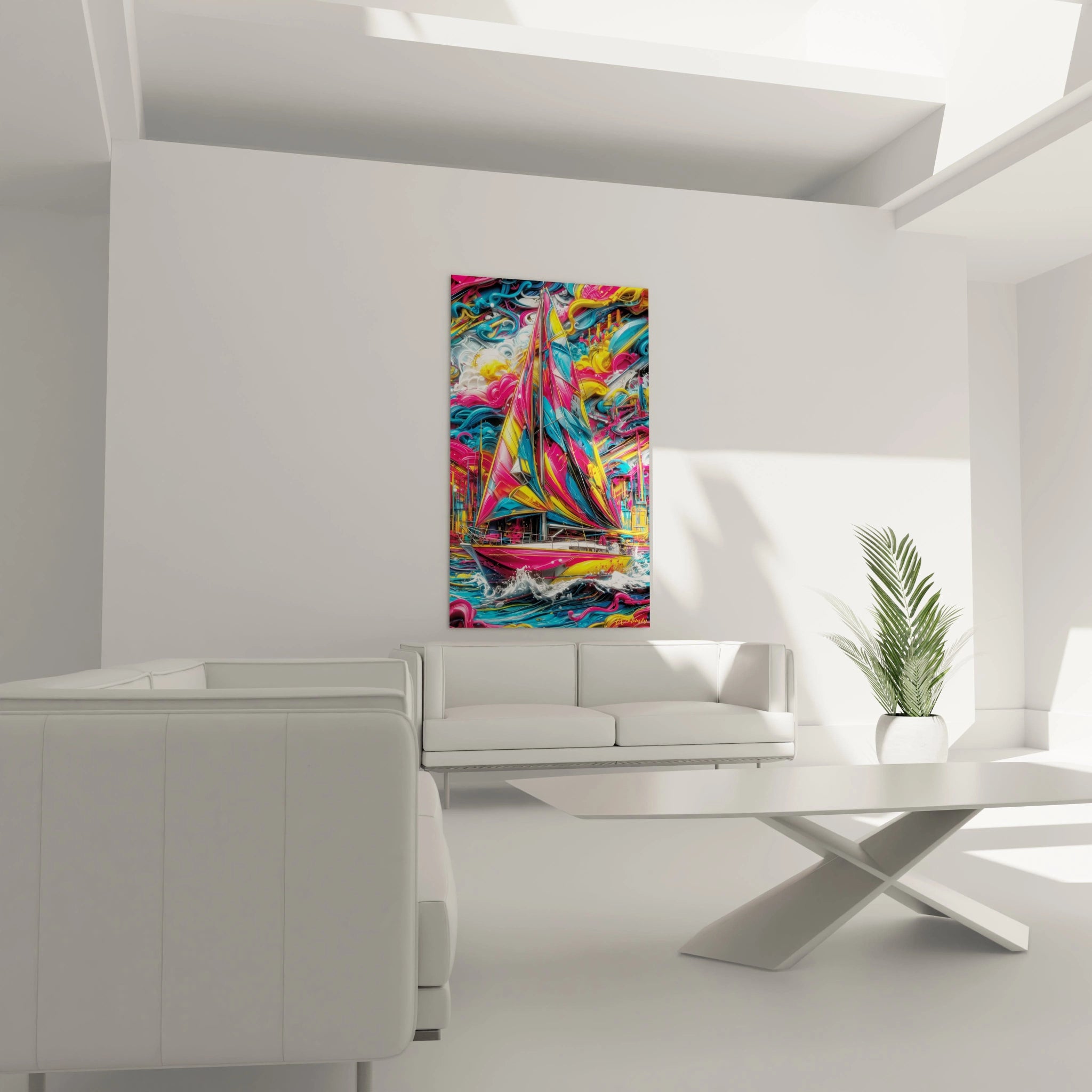 Détail rapproché tableau voilier montrant textures colorées et effets de peinture abstraite