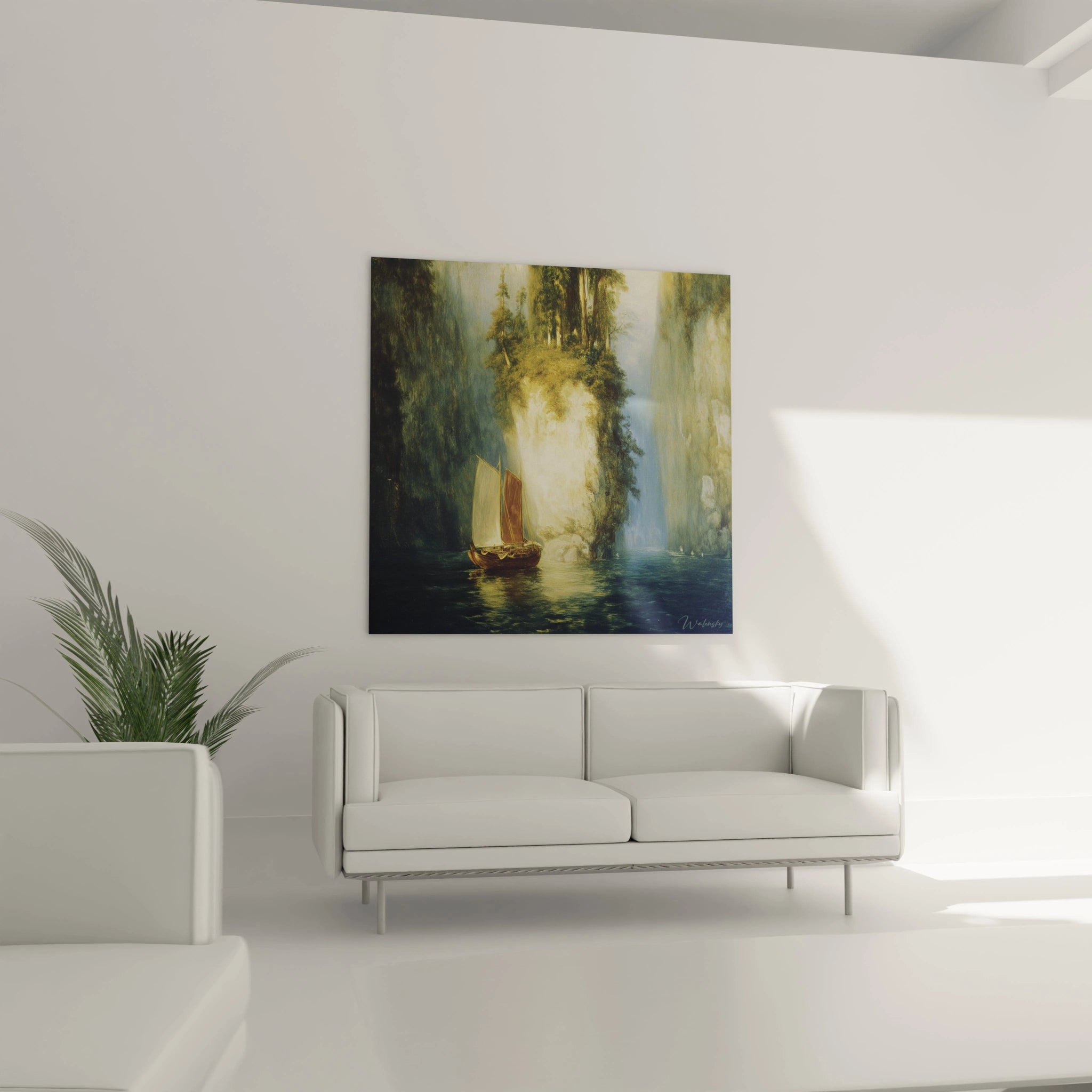 tableau voilier romantisme Walensky tableau mural peinture montrant un voilier dans une anse lumineuse et romantique