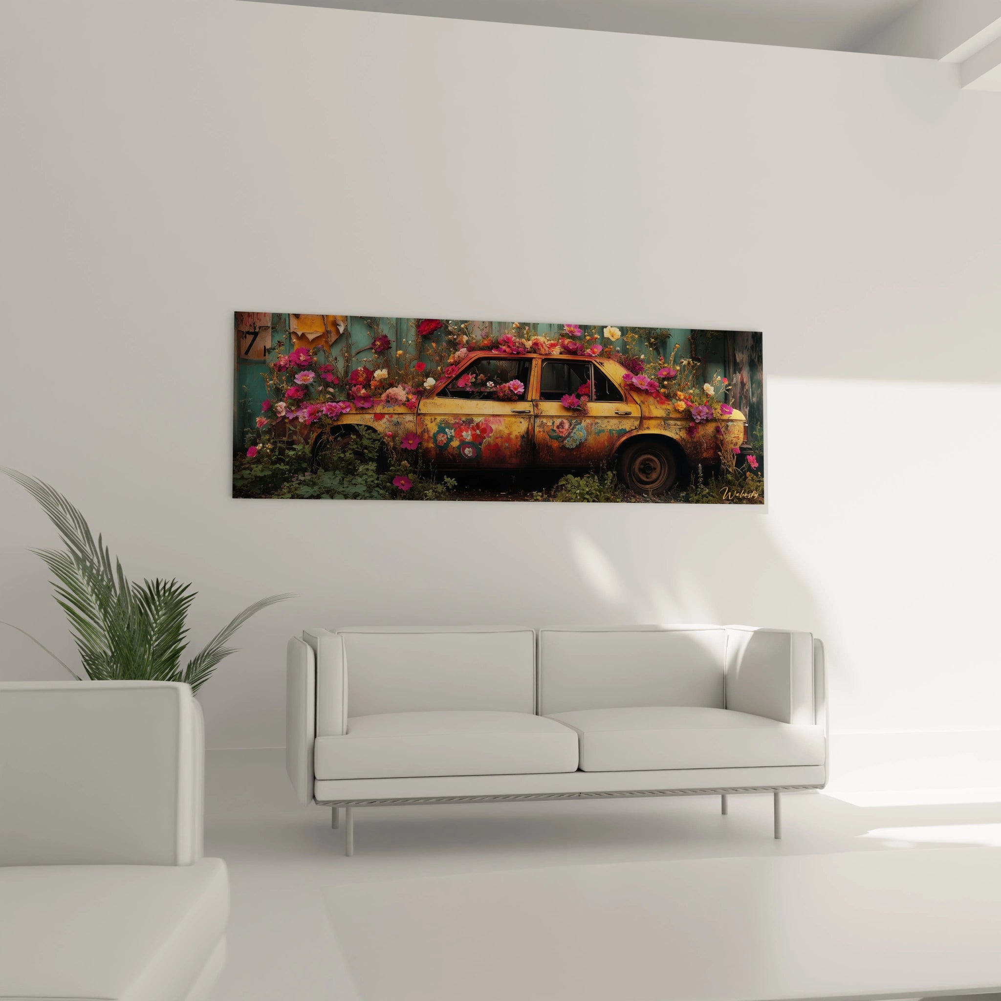 Un tableau artistique représentant une automobile vintage jaune envahie par une végétation luxuriante, où des fleurs roses vives émergent de la carrosserie rouillée, créant un effet visuel saisissant entre le métal dégradé et la fraîcheur florale.