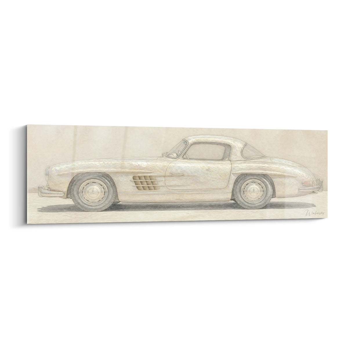 Voiture ancienne ivoire et beige dessinée de profil, carrosserie détaillée aux reflets dorés discrets