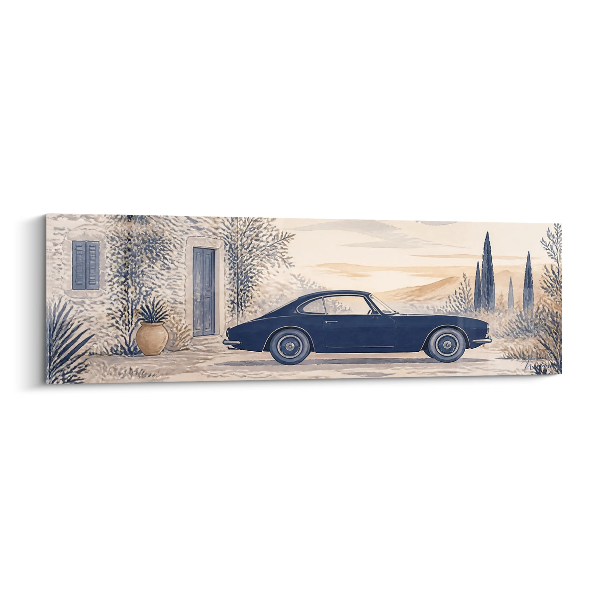 Coupé bleu marine garé devant façade beige et cyprès dans ce tableau voiture méditerranéen