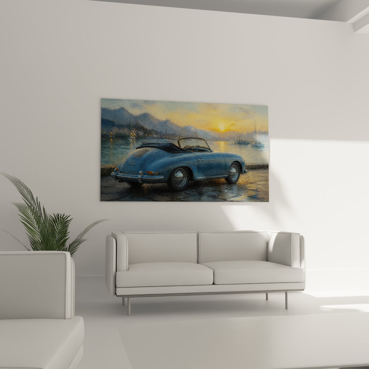 Carrosserie bleu-gris et reflets chromés d'un cabriolet, au-dessus d'un canapé dans un salon lumineux
