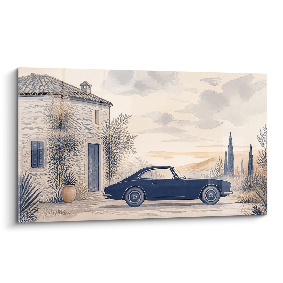 Coupé bleu marine garé devant un mas ocre, ciel nuageux et cyprès en aquarelle provençale
