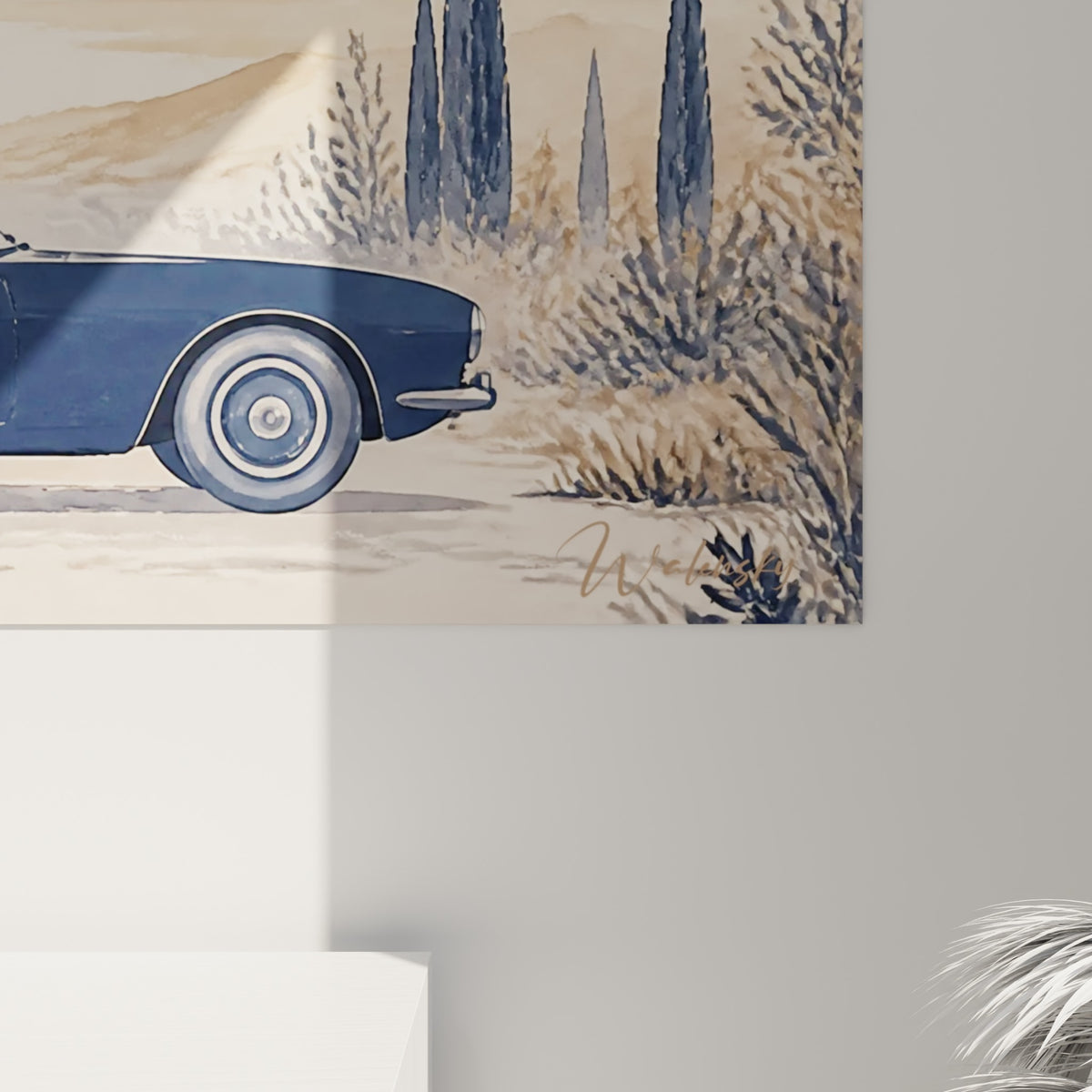 Détail du coupé bleu marine et de la pierre ocre, textures aquarelle et coulures visibles de près
