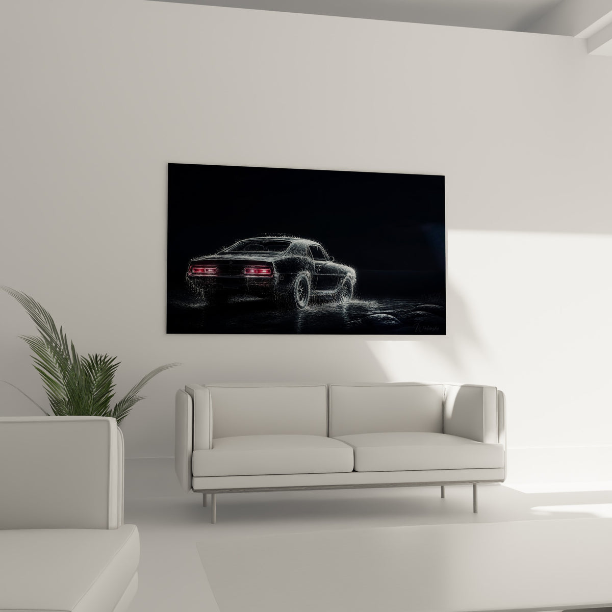 Automobile ancienne noire aux détails rouges vibrants, texture aquatique dense, au-dessus d'un canapé dans un salon lumineux
