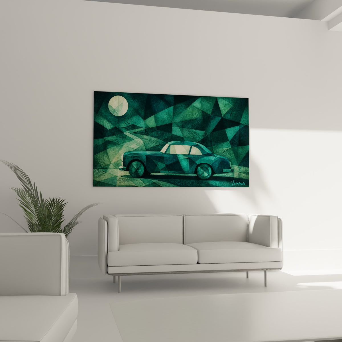 Silhouette automobile vert sauge et turquoise sur route sinueuse, au-dessus d'un canapé dans un salon lumineux