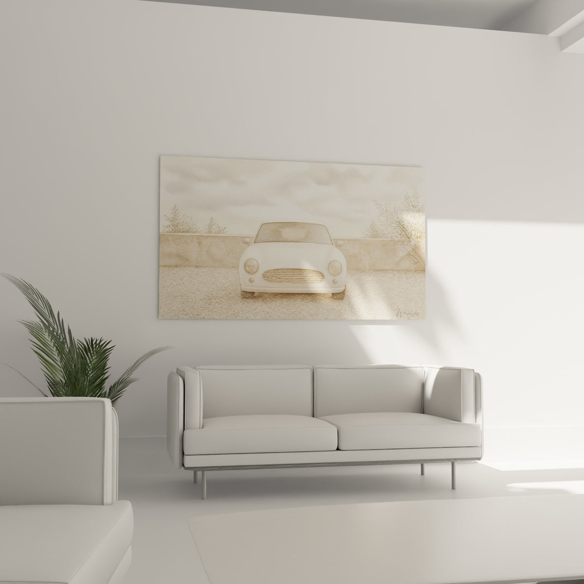 Voiture beige sable en aquarelle douce, accrochée au-dessus d'un canapé dans un salon lumineux
