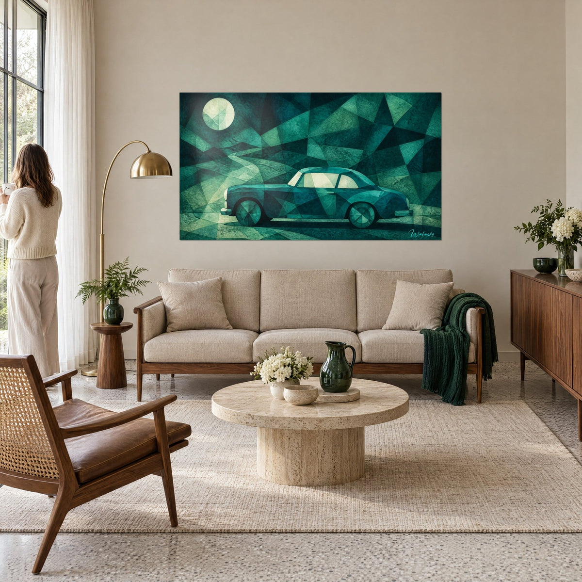 Coupé rétro turquoise et anthracite éclairé par la lune, au-dessus d'un lit dans une chambre claire