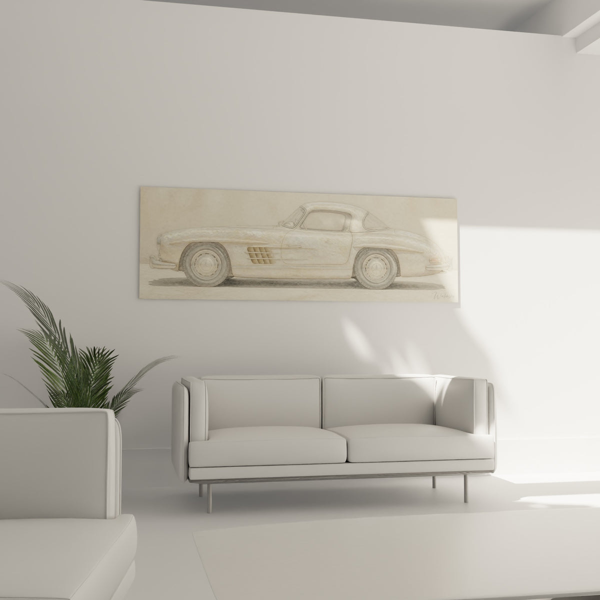 Silhouette de voiture ancienne beige et ivoire, tableau accroché au-dessus d'un canapé dans un salon lumineux