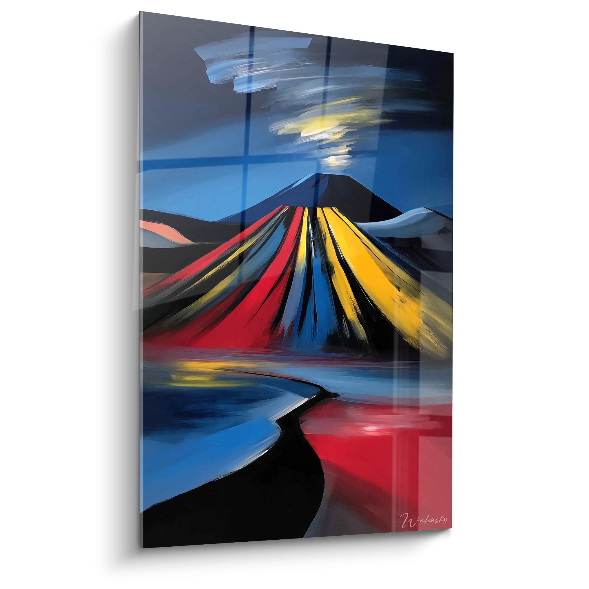 Tableau volcan abstrait aux couleurs vives avec éruption stylisée et reflets dans l'eau