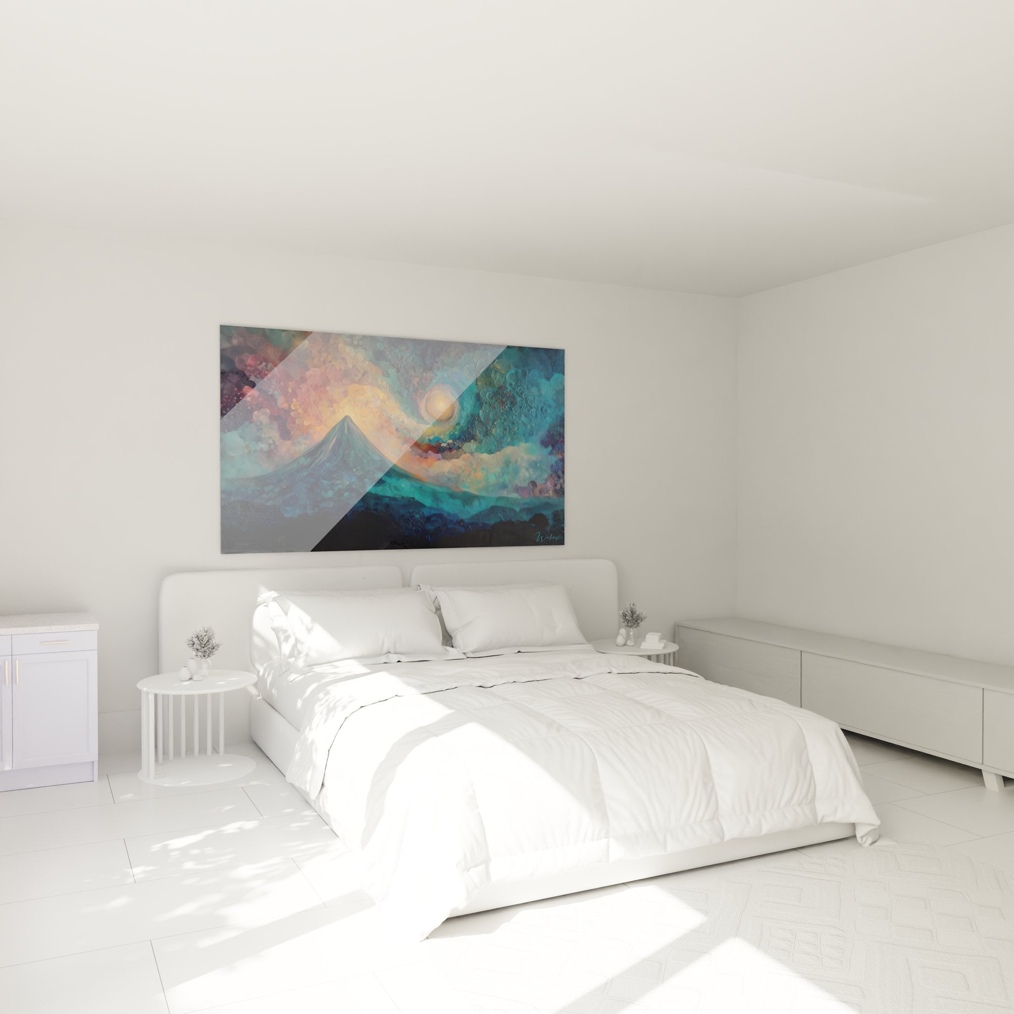 Tableau mural volcan décorant une chambre moderne avec éruption colorée