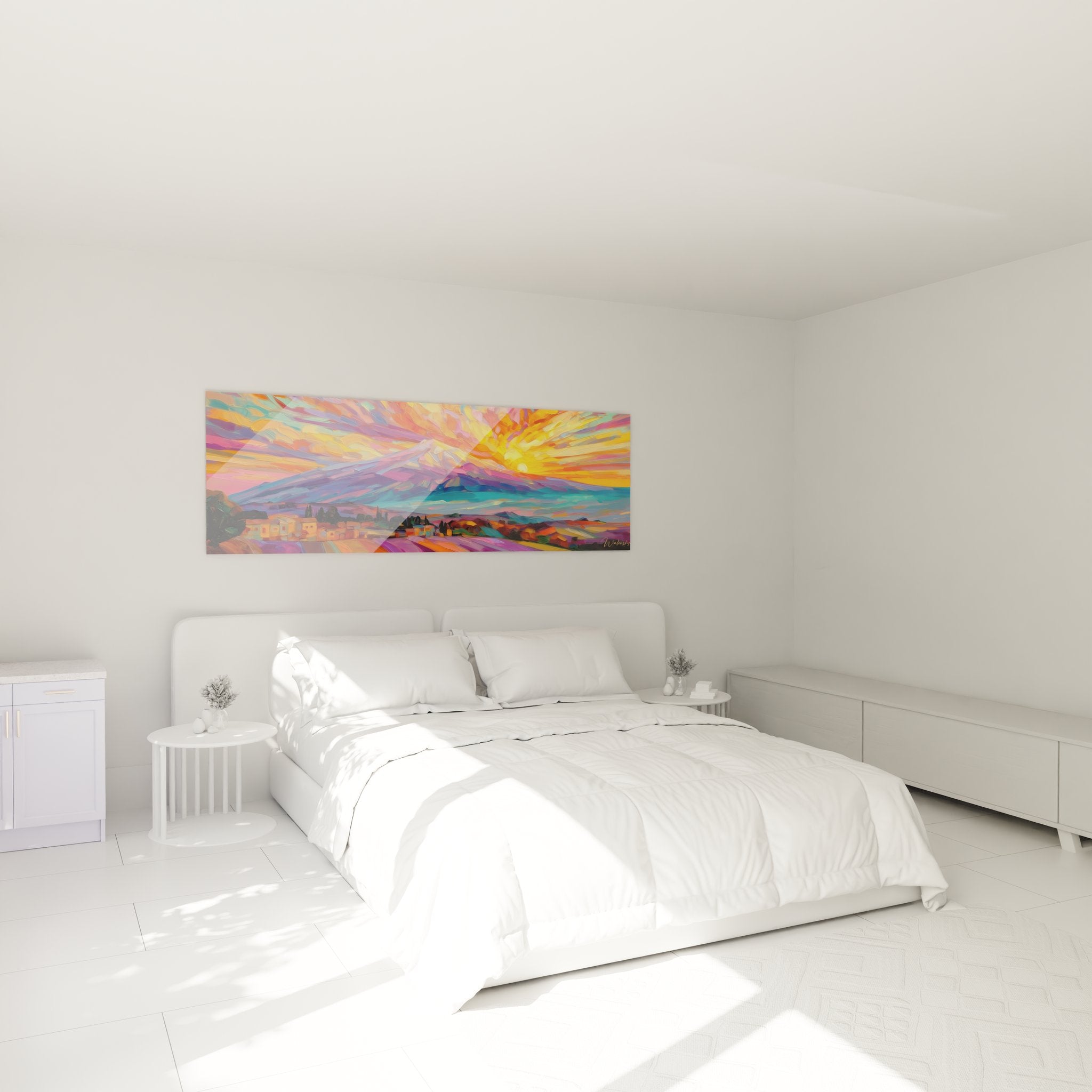 Tableau volcan moderne dans chambre, art mural géométrique avec éruption lumineuse
