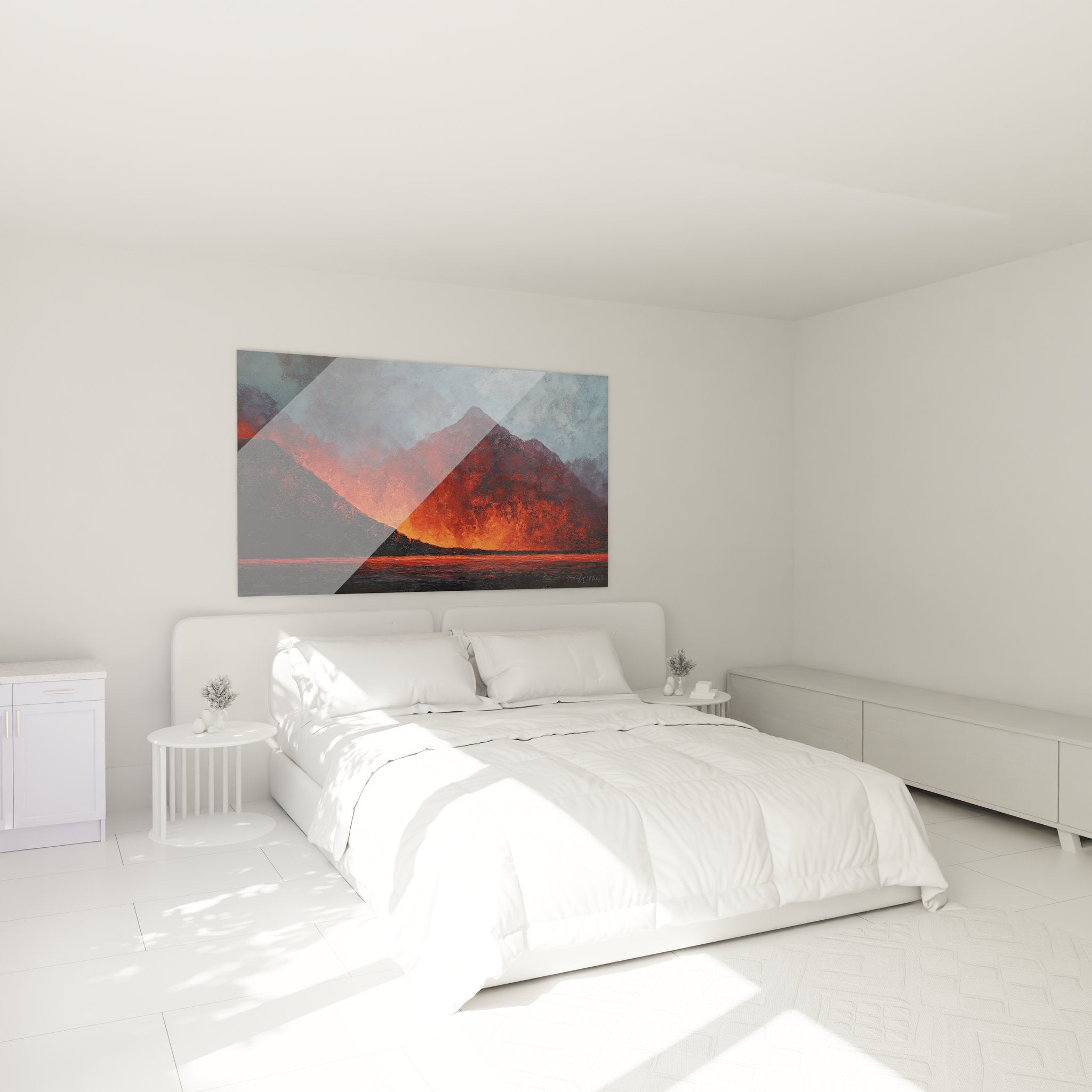 Tableau mural volcan en éruption dans décoration chambre moderne aux tons rouges