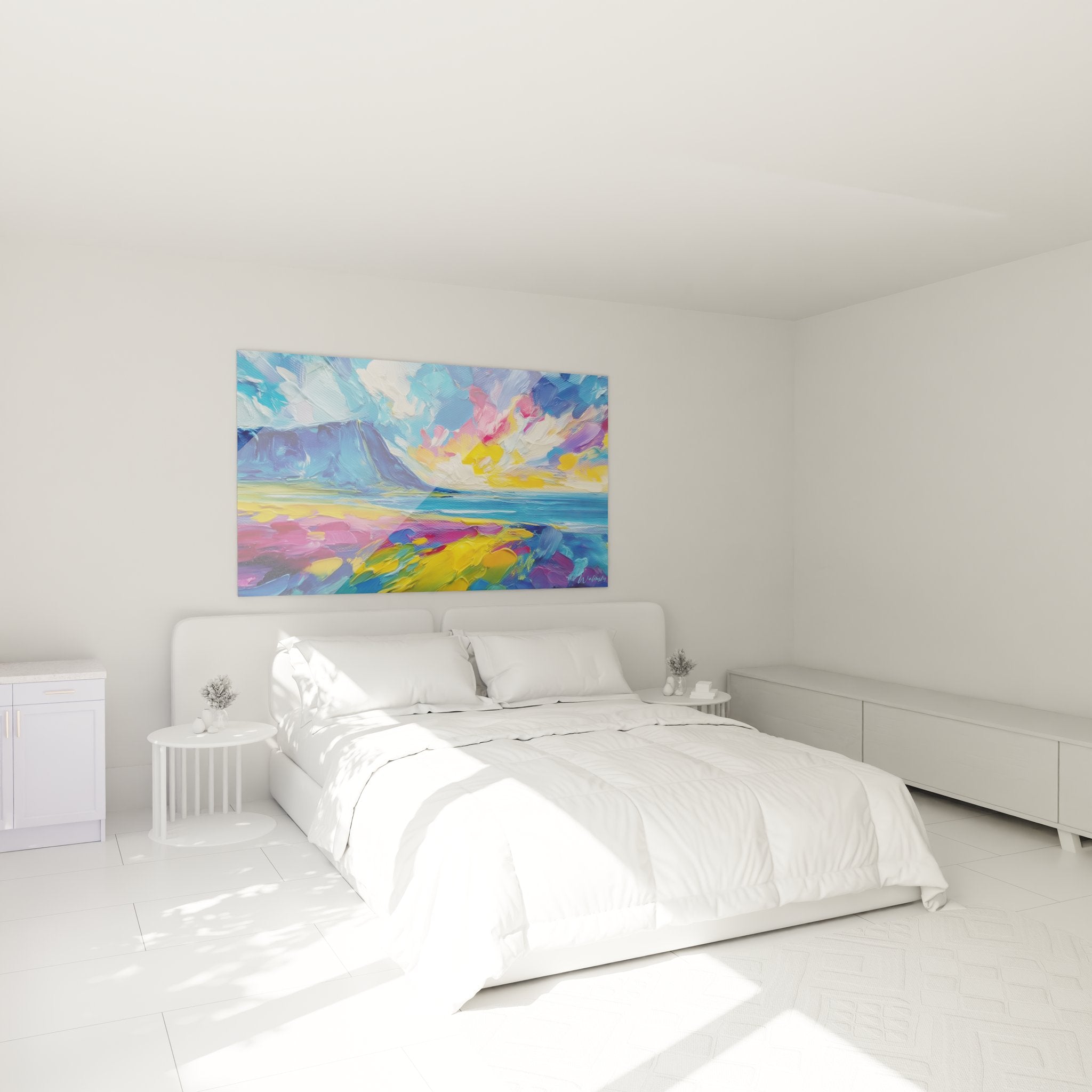 Tableau volcan coloré décorant une chambre moderne, art mural contemporain