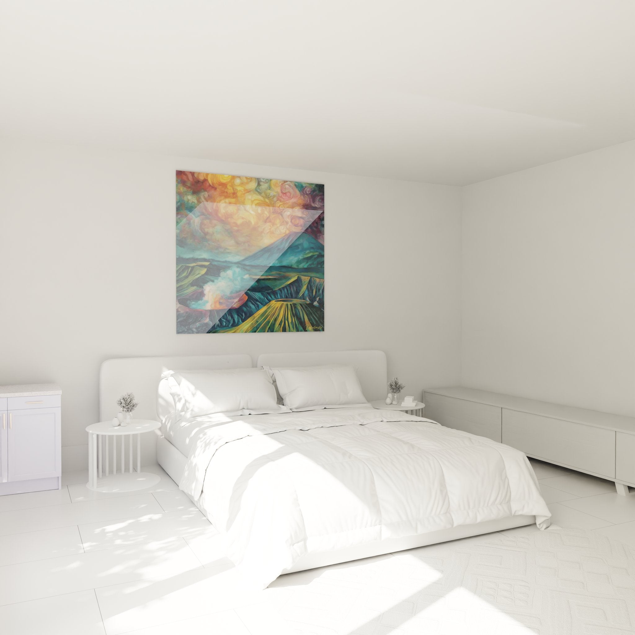 Tableau mural volcan en éruption décorant une chambre moderne avec couleurs flamboyantes