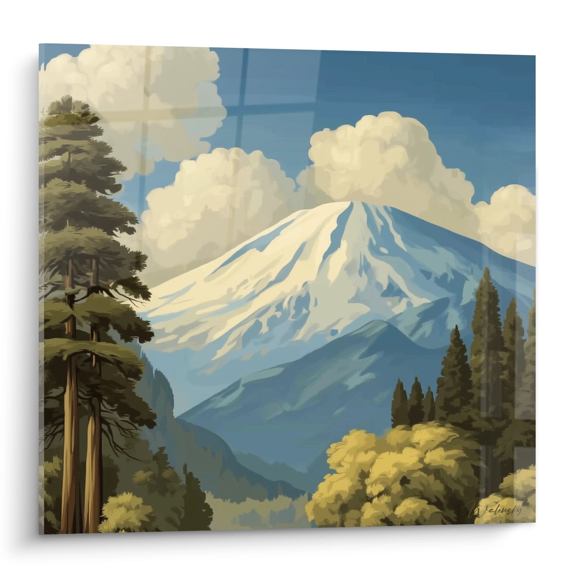 Tableau mural volcan enneigé avec forêt, art décoratif montagne volcanique édition Volcan