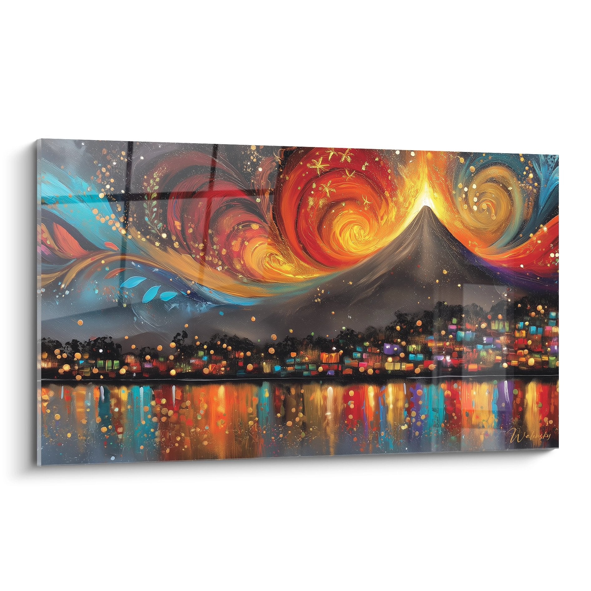 Tableau mural volcan éruption cosmique avec ville nocturne et reflets colorés - art volcanique moderne