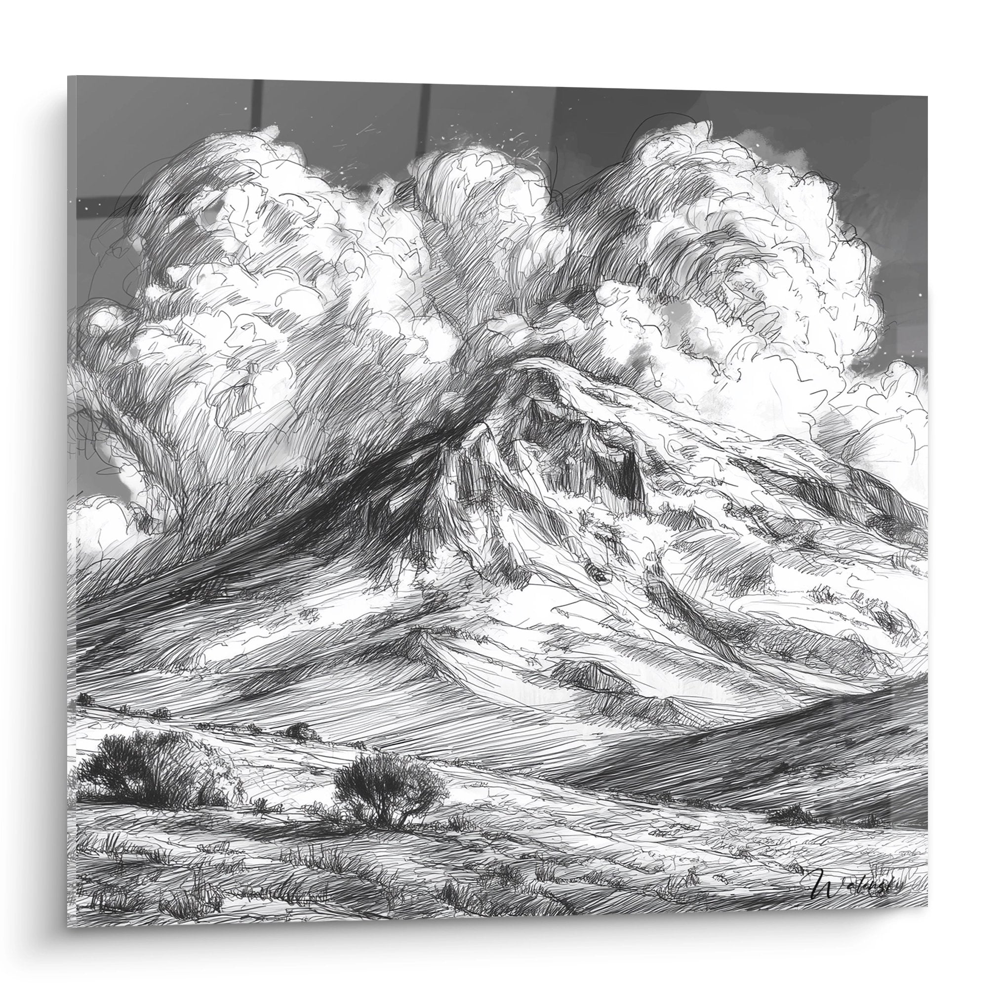 Tableau mural volcan en éruption style croquis noir et blanc avec nuages de cendres dramatiques