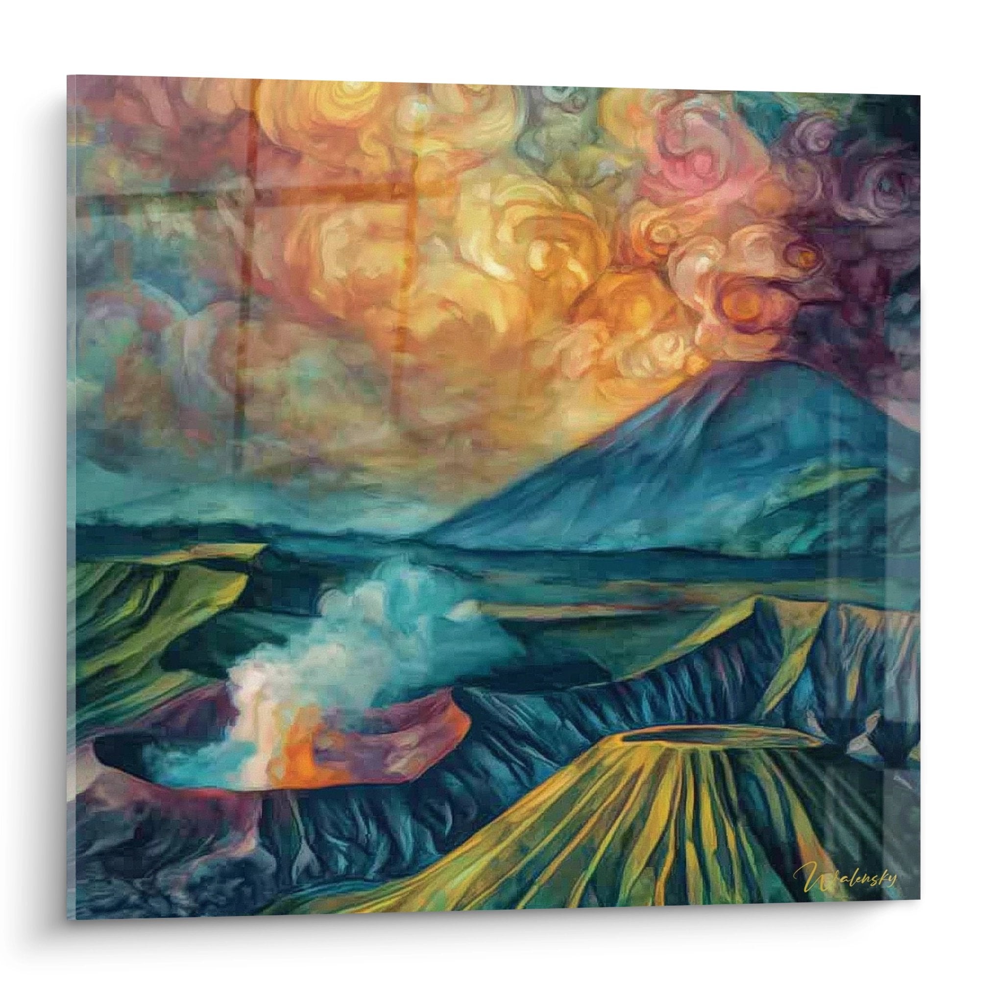 Tableau volcan en éruption avec nuages dorés et montagnes bleues, art mural volcanique moderne