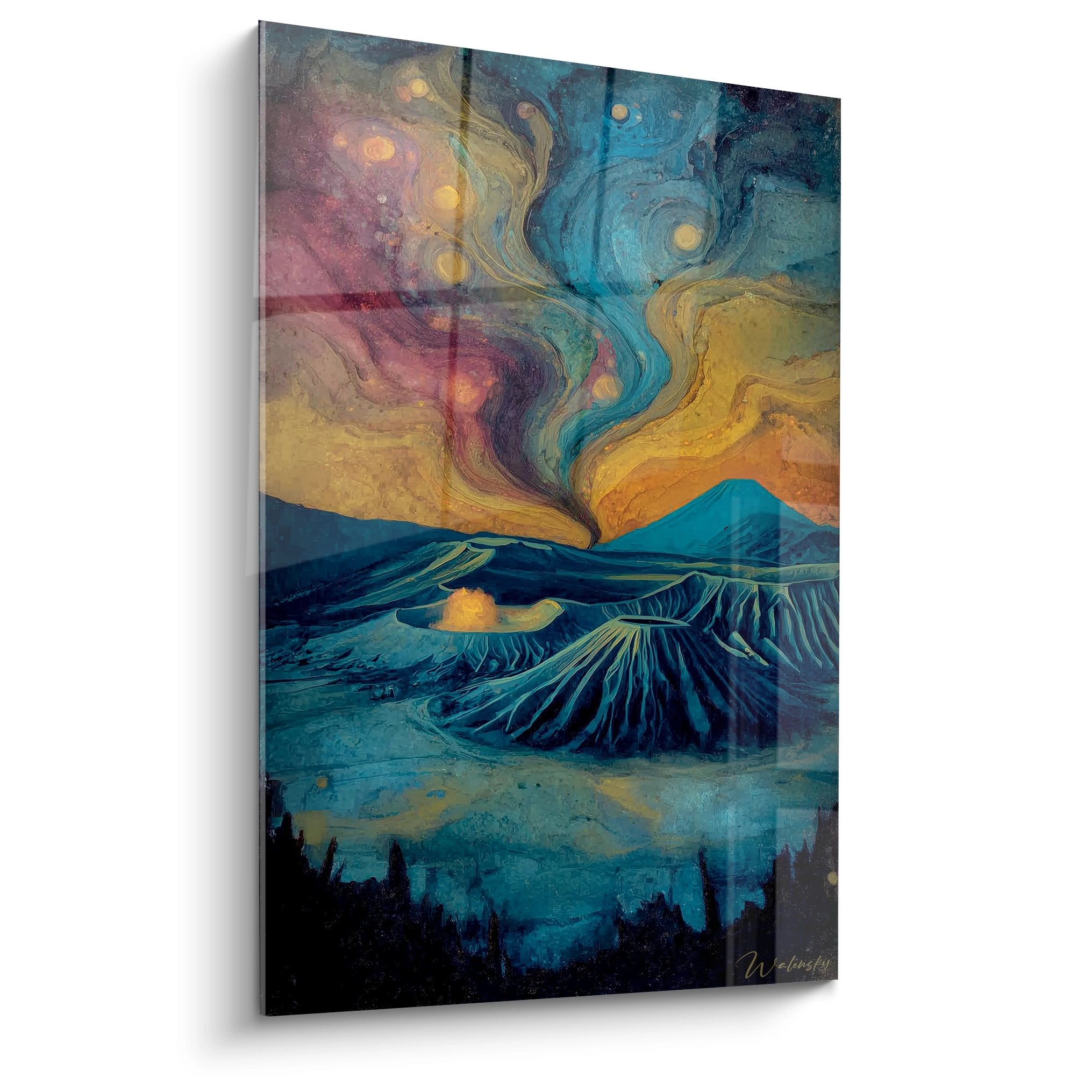 Tableau mural éruption volcanique mystique avec ciel étoilé turquoise et lave dorée