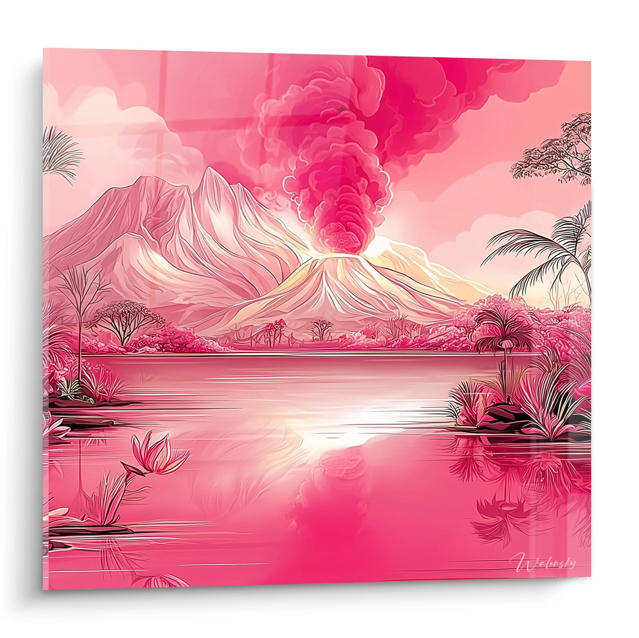 Tableau mural volcan en éruption rose avec lac tropical et végétation luxuriante