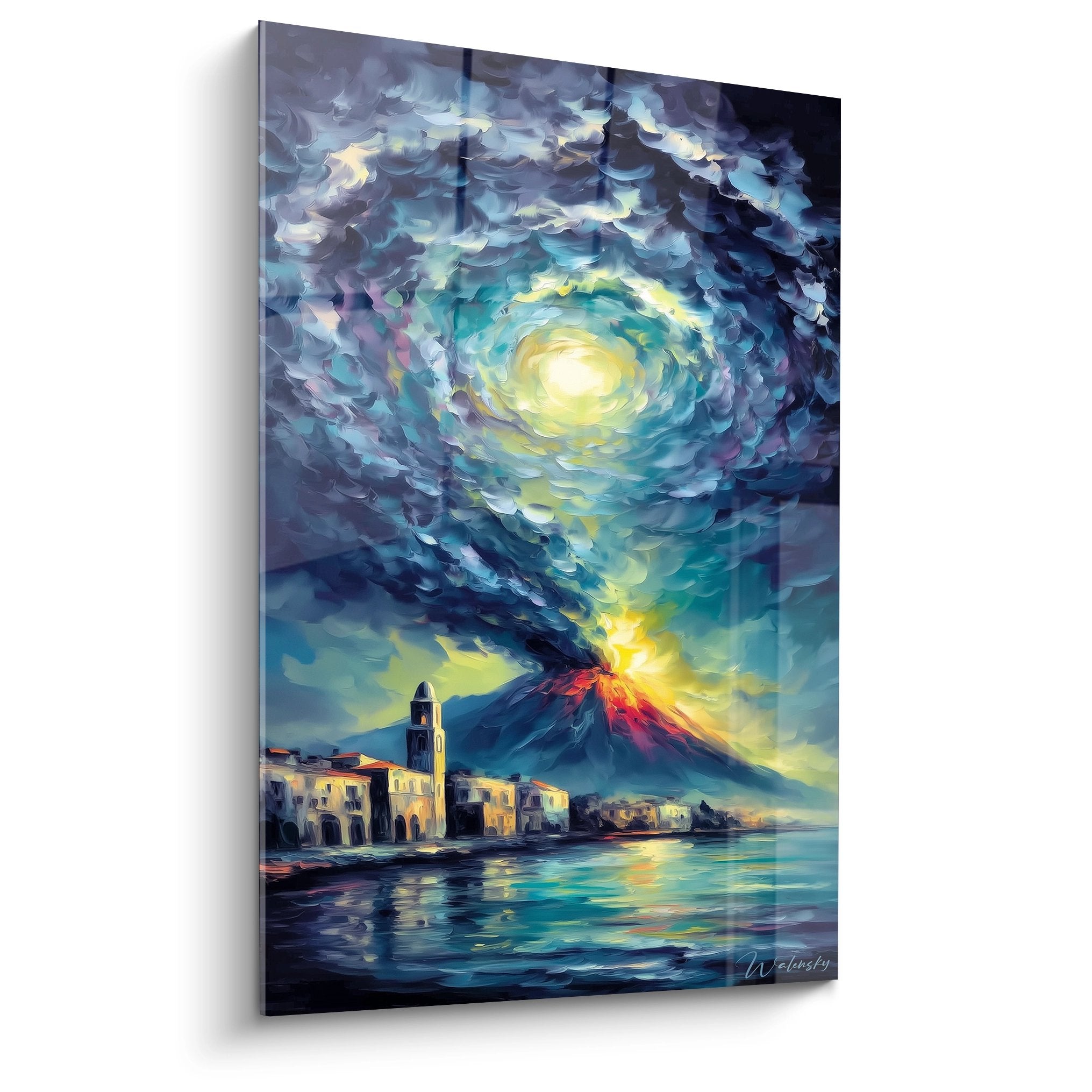 Tableau volcan éruption avec vortex céleste et village côtier, art fantastique mural