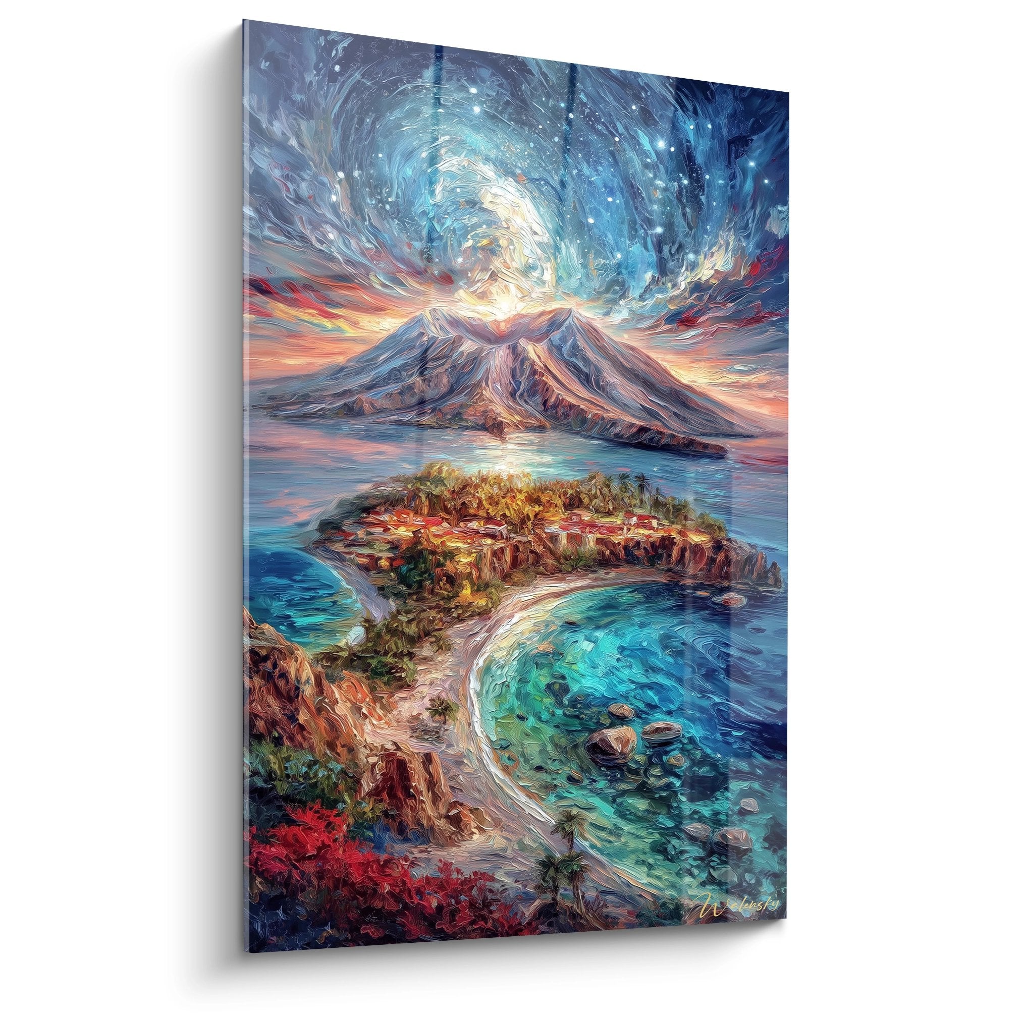 Tableau mural volcan avec île tropicale et éruption cosmique, art paysage volcanique moderne