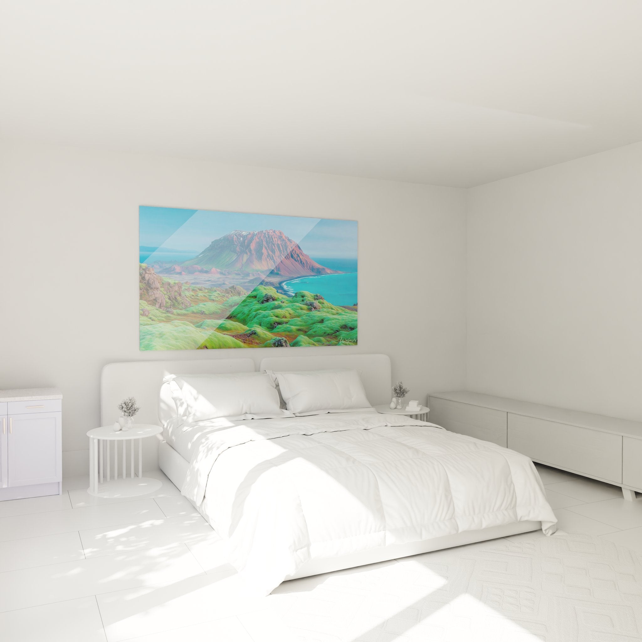 Tableau volcanique Islande dans décoration chambre moderne avec paysage mousses émeraude