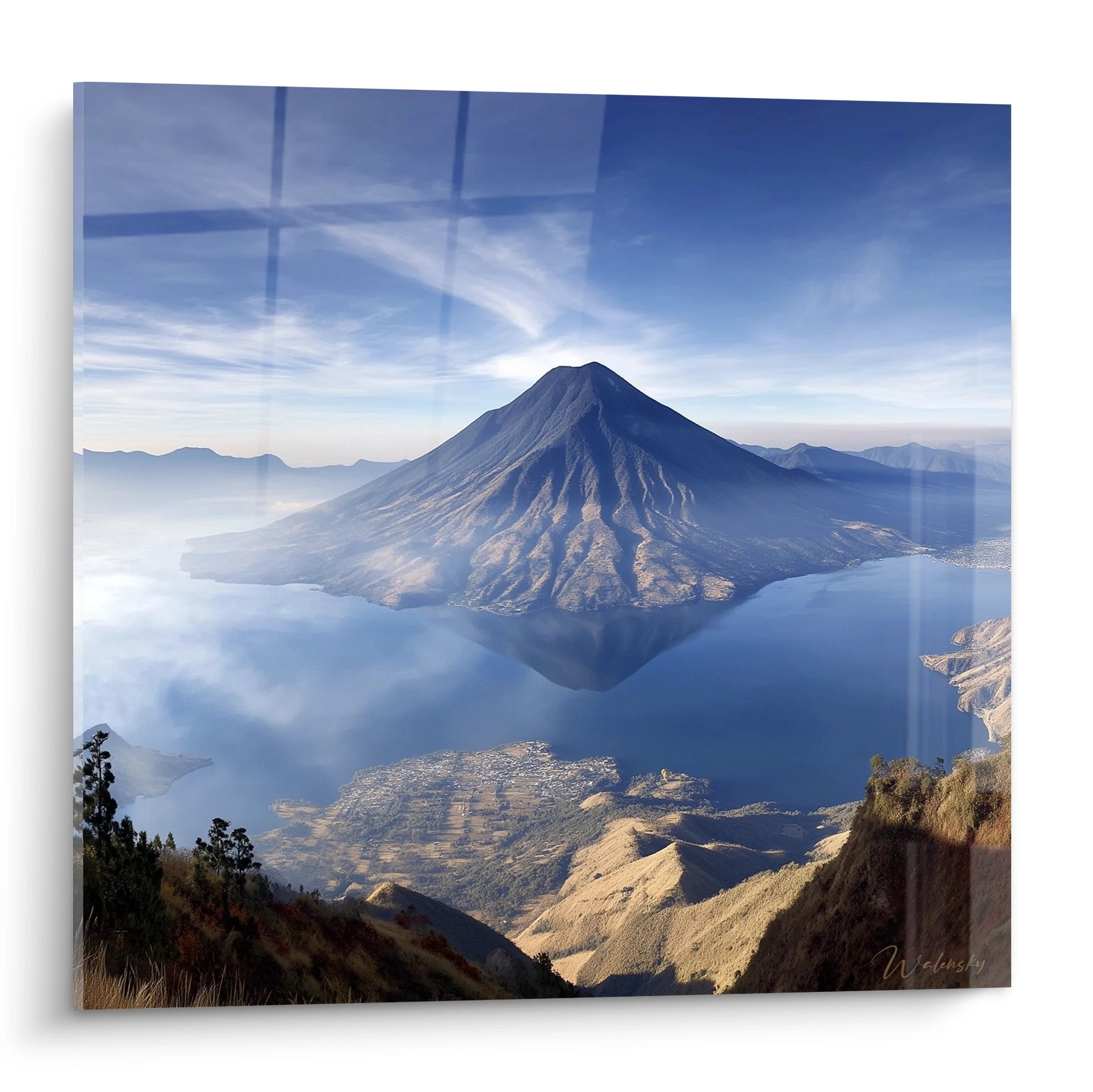 Tableau mural volcan lac avec reflets parfaits, paysage volcanique aux eaux cristallines