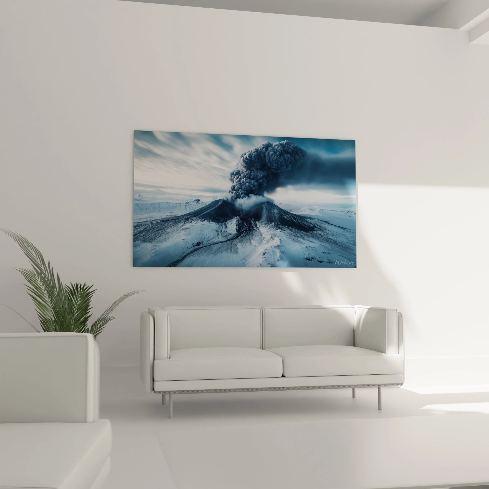 Un tableau paysage capturant un relief volcanique enneigĂ©, oĂč des fumĂ©es sombres sâĂ©lĂšvent. Le ciel est parcouru de nuances de bleu et gris, et les textures alternent entre roche dure et surfaces douces.