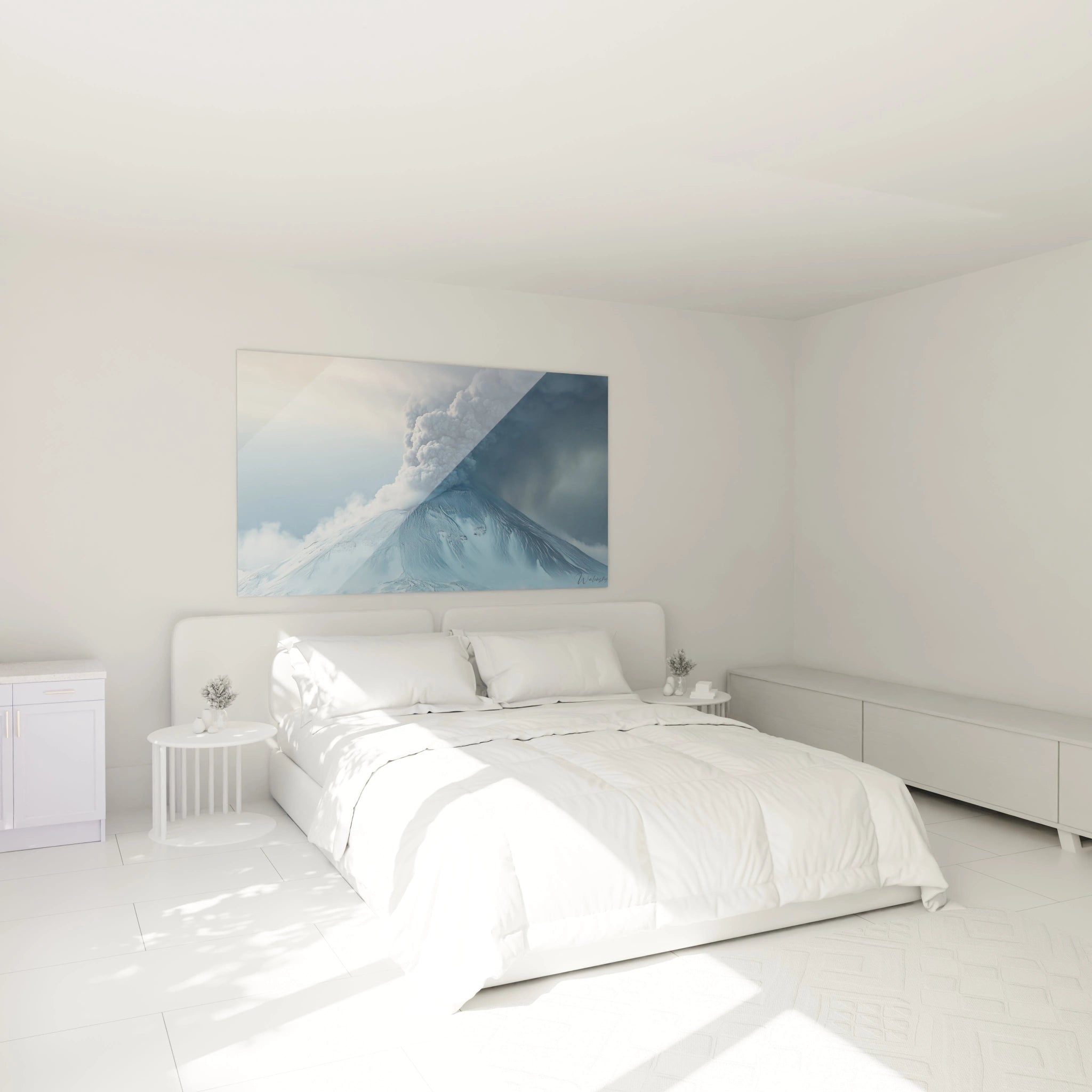 Un tableau paysage illustrant une scĂšne volcanique active, oĂč la lave et la fumĂ©e forment une composition dynamique. Les couleurs principales sont le noir, le bleu et le blanc, avec des effets de brume.