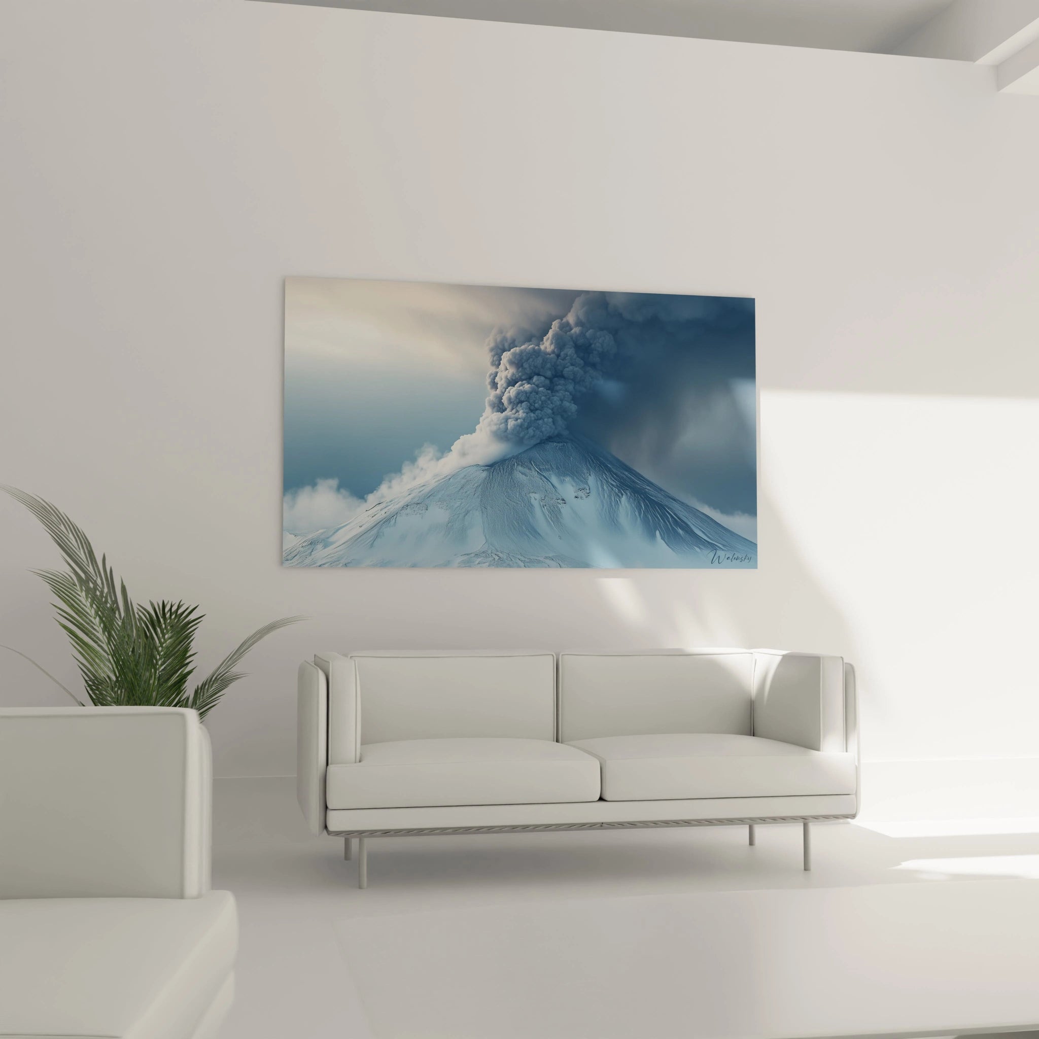 Un tableau paysage capturant un volcan en activité, entouré de cendres et de nuages épais. La palette repose sur des tons noirs et bleutés, avec des textures lisses dans la fumée et granuleuses sur le sol.