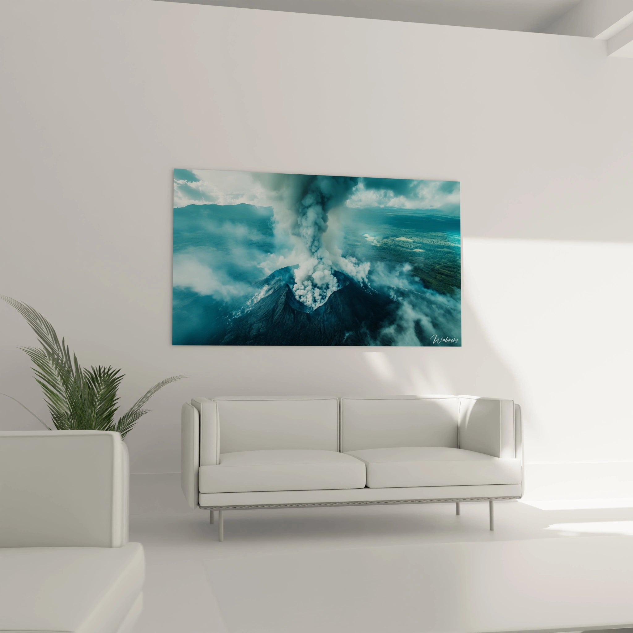 Un tableau paysage montrant un volcan actif recouvert de neige, libĂ©rant une colonne de fumĂ©e volumineuse. Lâimage met en avant des textures dĂ©taillĂ©es et des tons froids de bleu, gris et blanc.