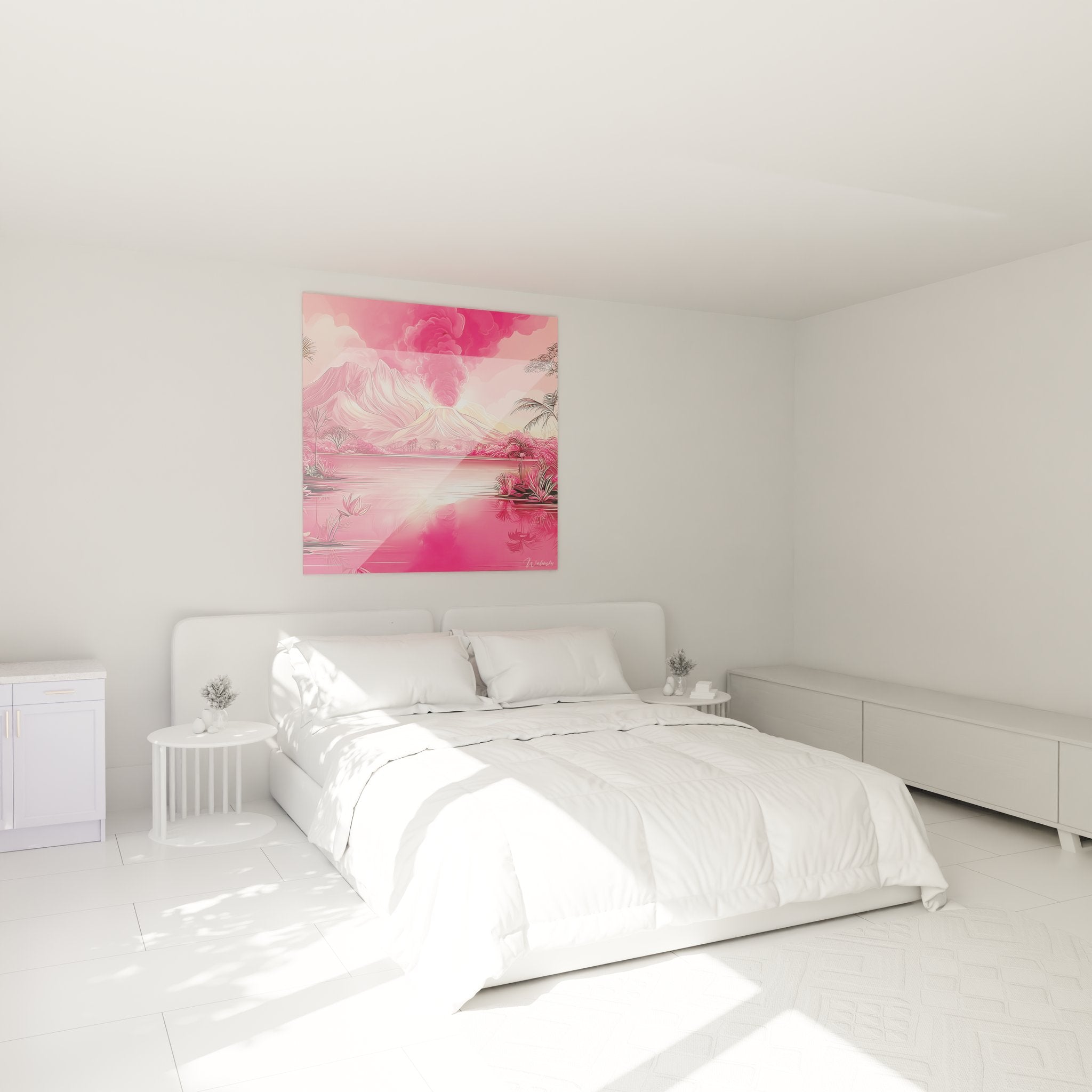 Décoration chambre avec tableau volcan rose tropical créant ambiance zen et exotique