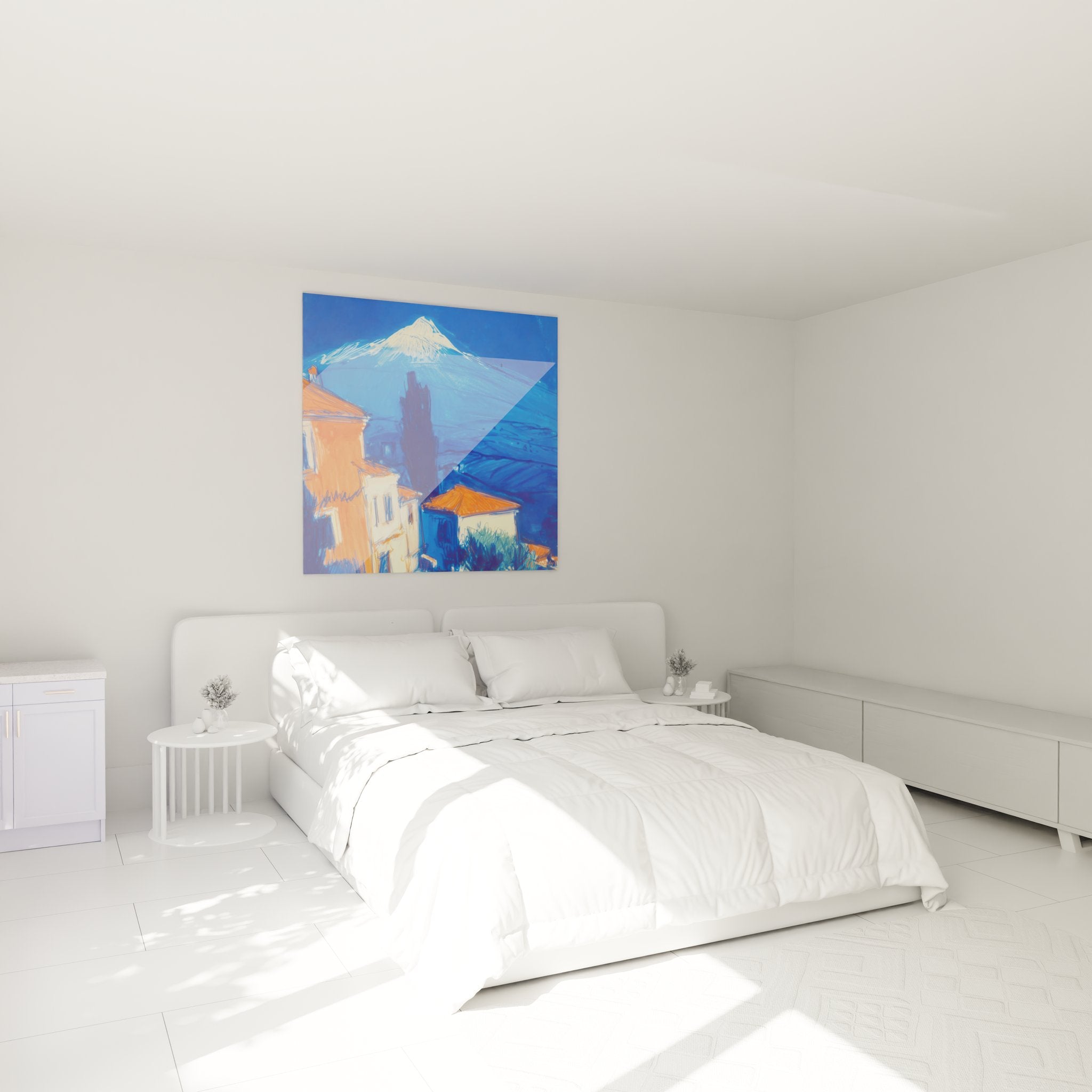 Tableau volcan méditerranéen décorant une chambre moderne avec palette bleue apaisante