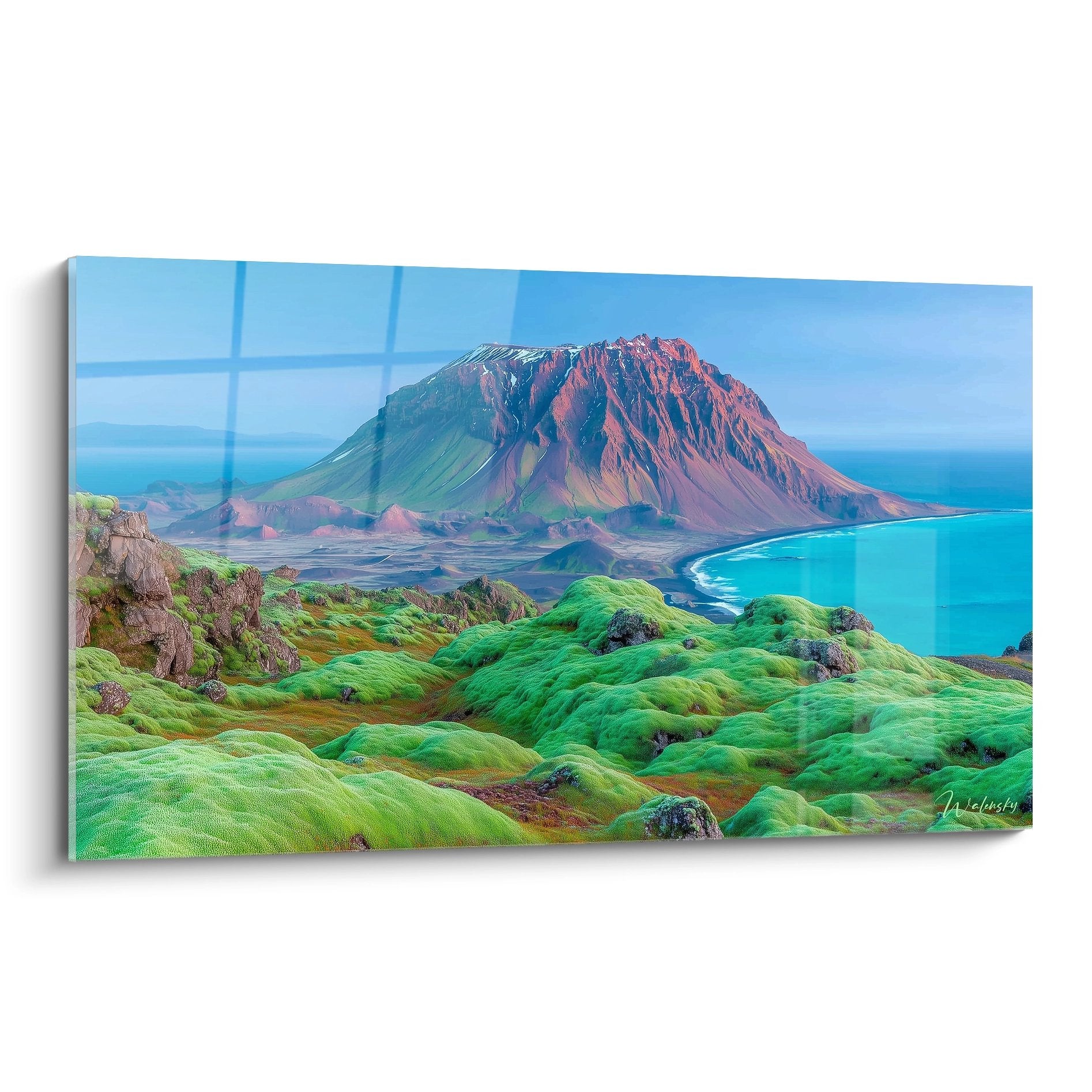 Tableau mural paysage volcanique islandais avec mousses vertes émeraude et volcan majestueux
