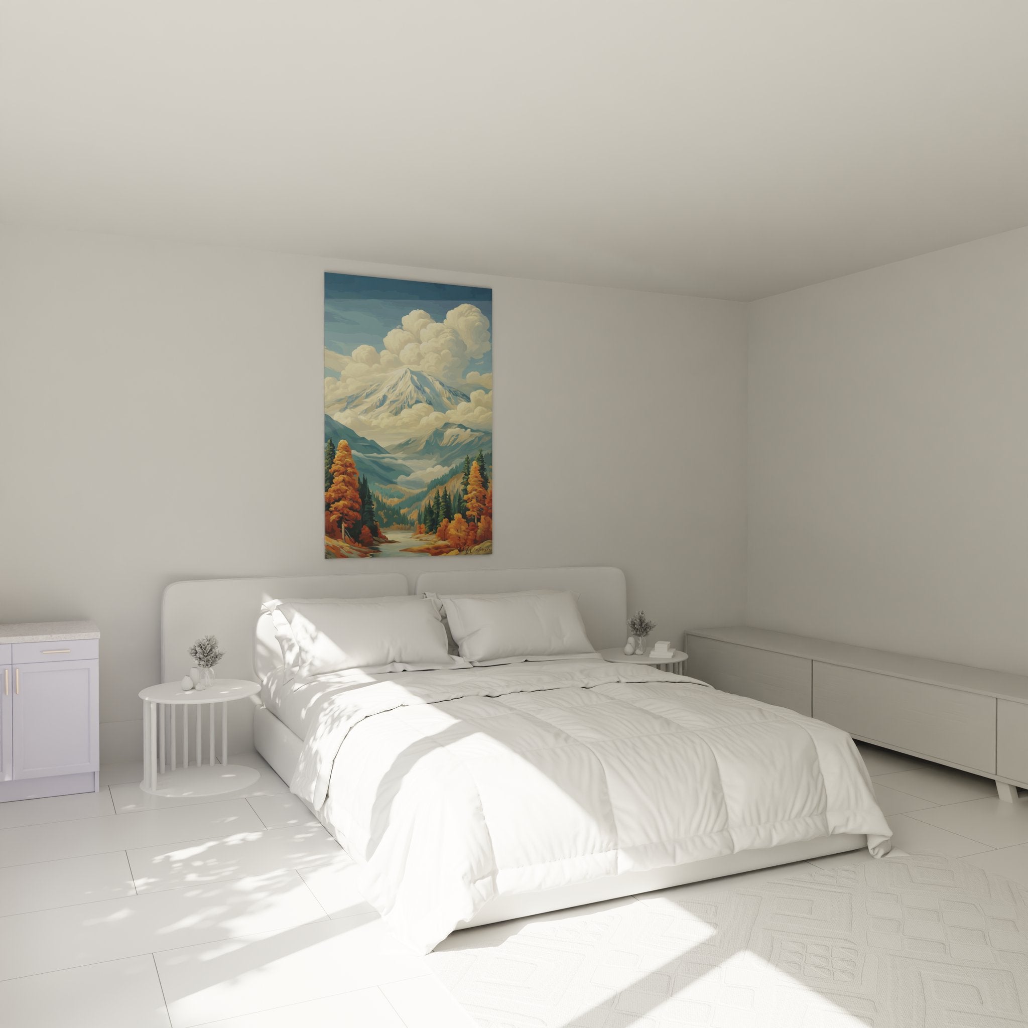 Décoration chambre tableau volcanique mont enneigé ambiance chaleureuse automne