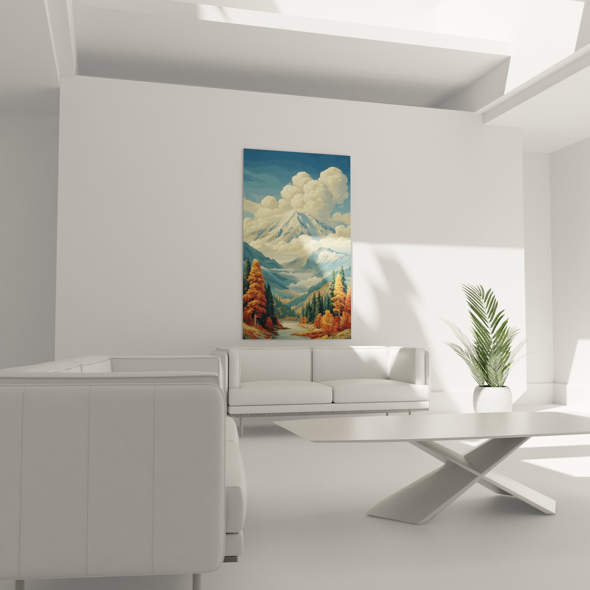 Détail gros plan tableau volcanique nuages éruption mont neige technique peinture