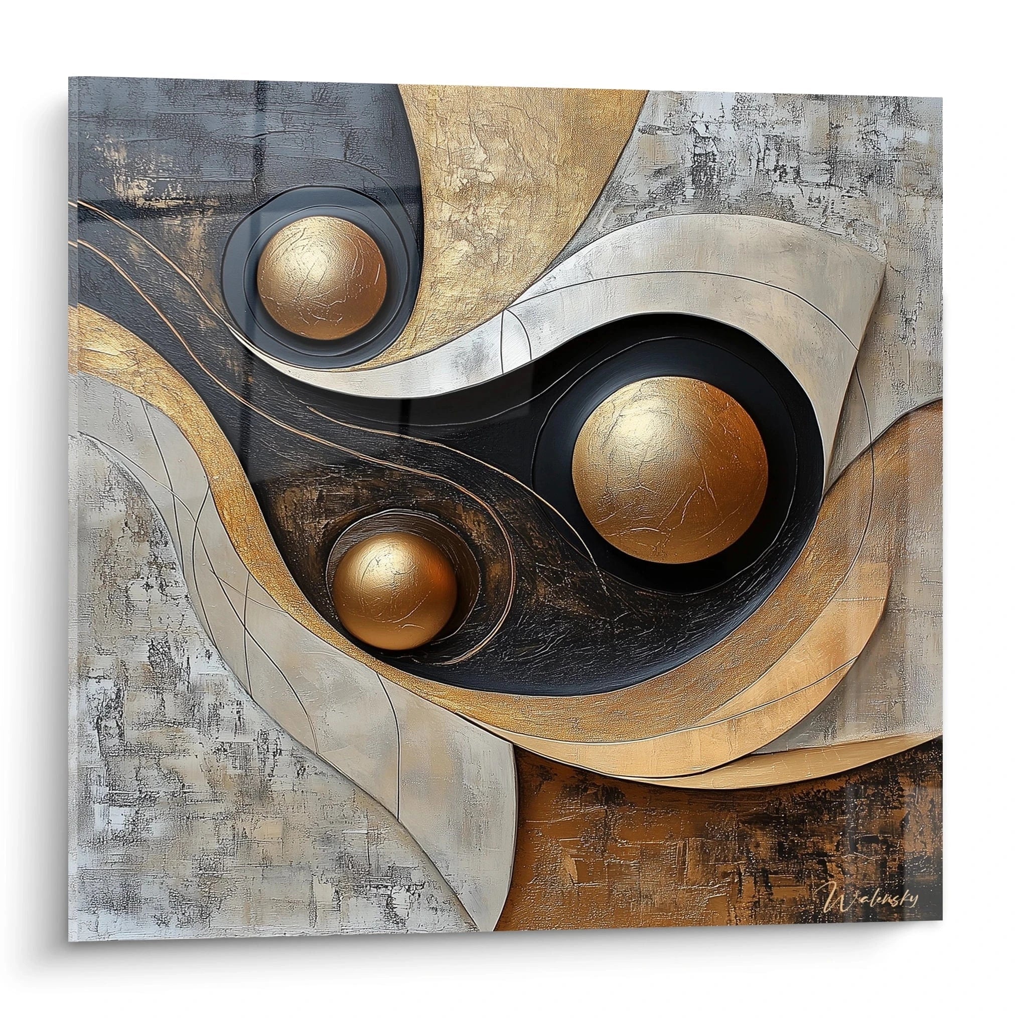 Tableau africain mural Walensky avec motifs abstraits dorés et noirs en relief